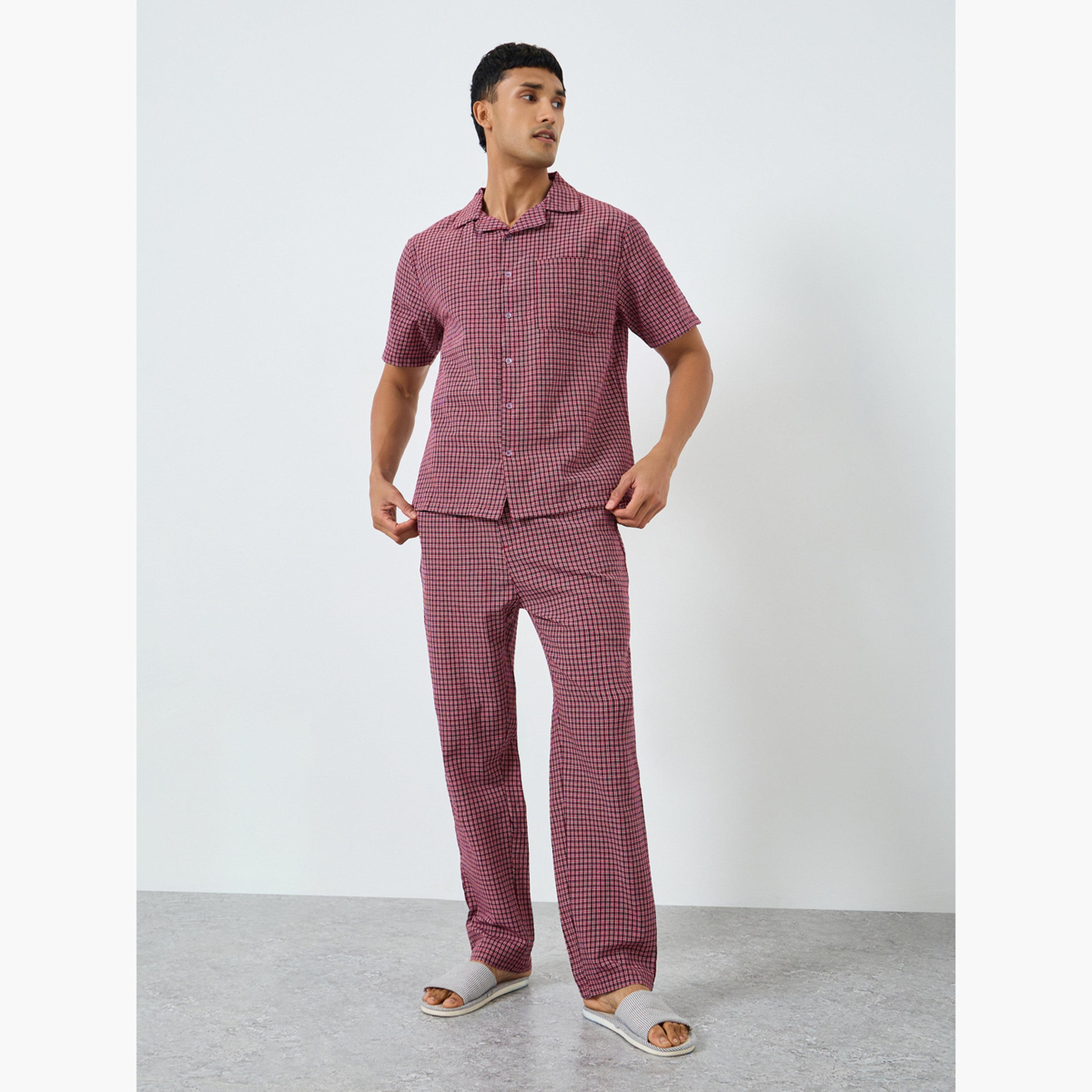 Styli Men Red Checked Shirt and Pyjama Set-men-clothing-nightwear-sets-image-1