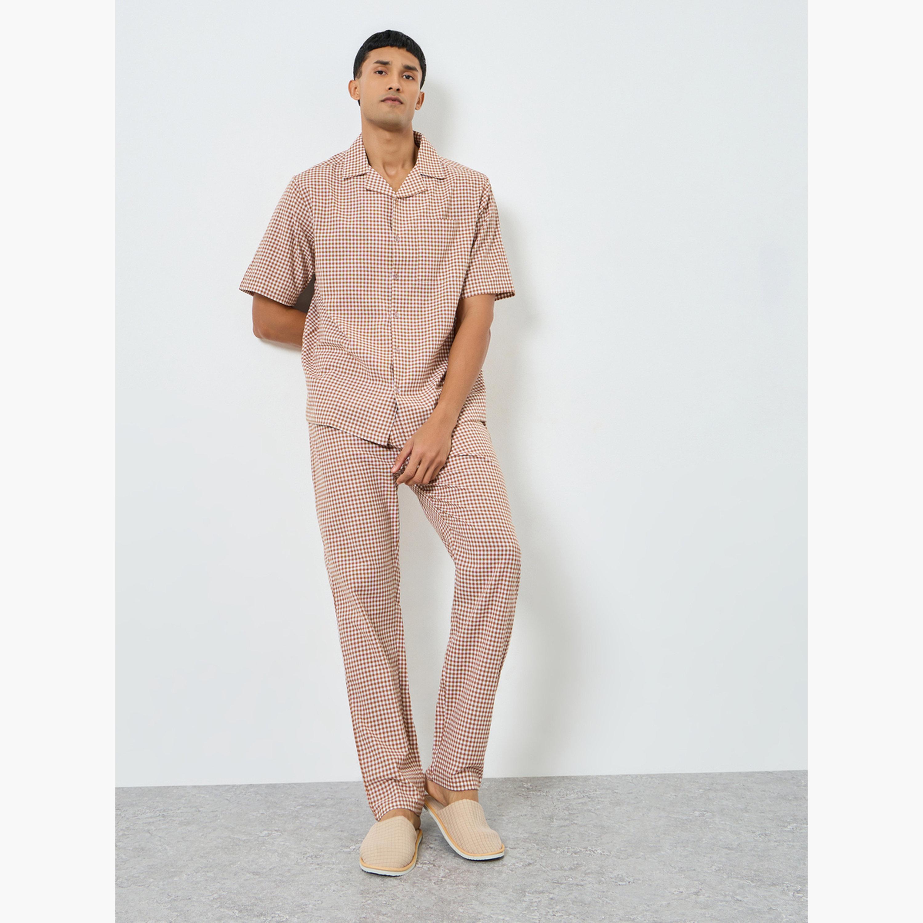 Styli Men Gingham Print Buttoned Shirt and Pyjama Set-men-clothing-nightwear-sets-image-1