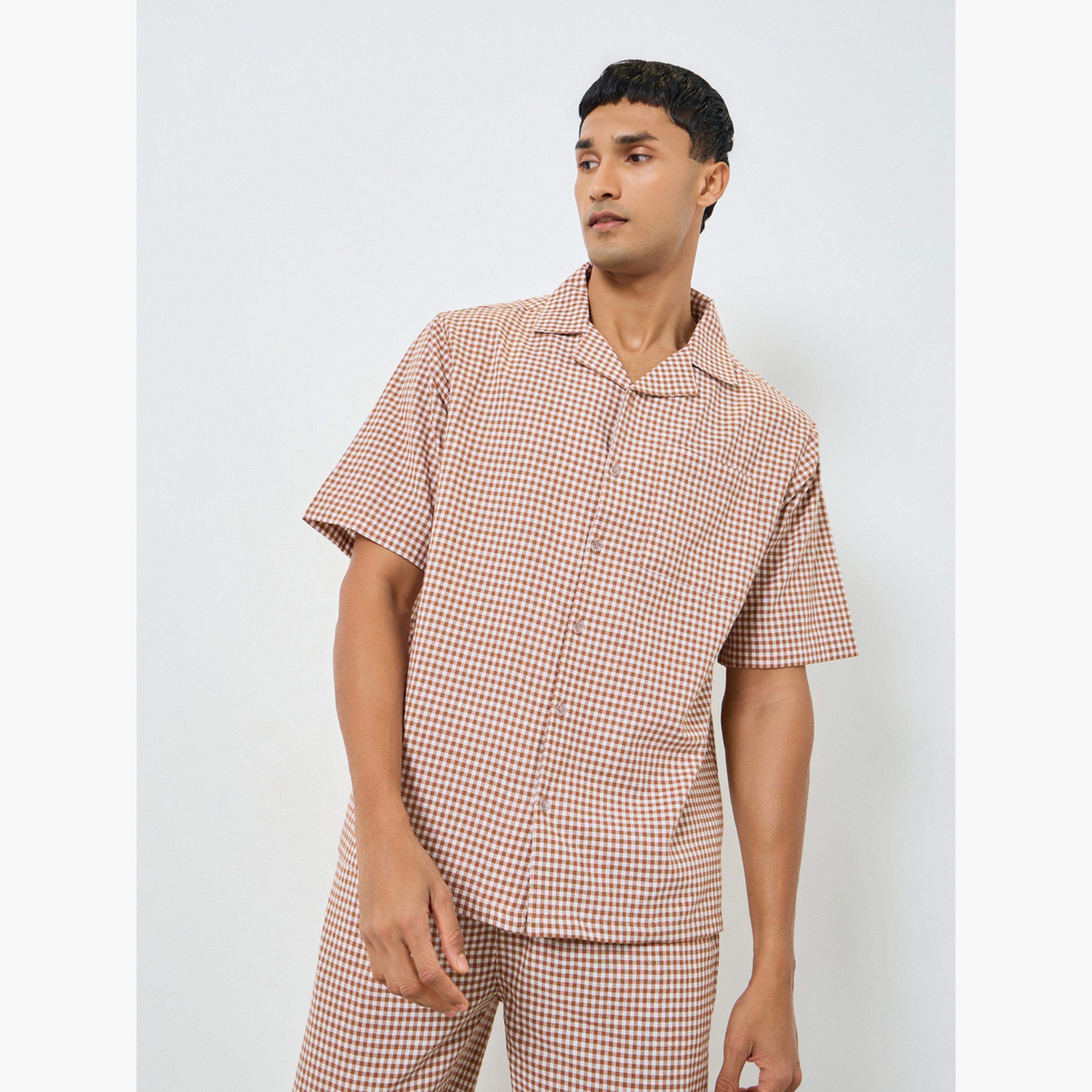 Styli Men Gingham Print Buttoned Shirt and Pyjama Set-men-clothing-nightwear-sets-image-2