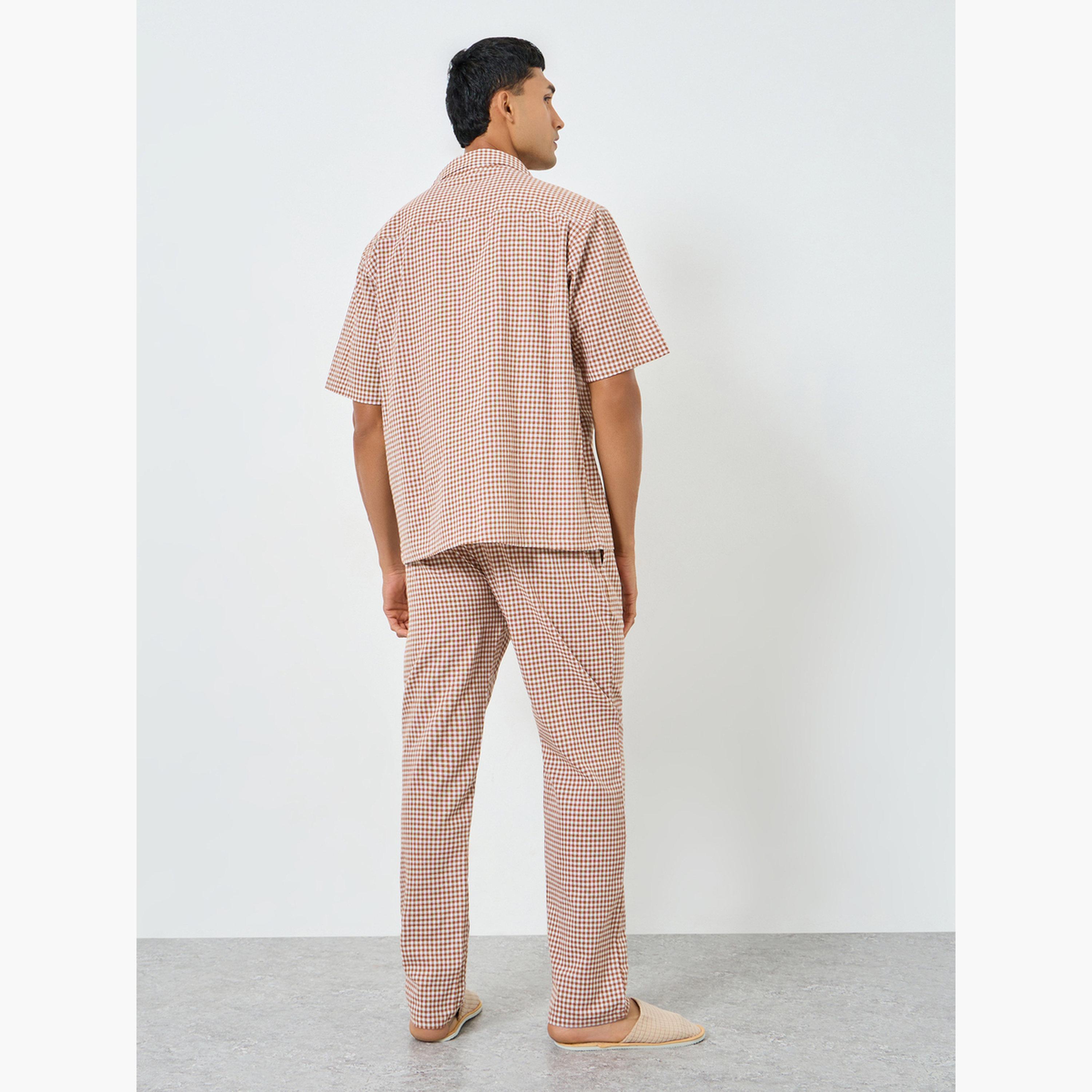 Styli Men Gingham Print Buttoned Shirt and Pyjama Set-men-clothing-nightwear-sets-image-3