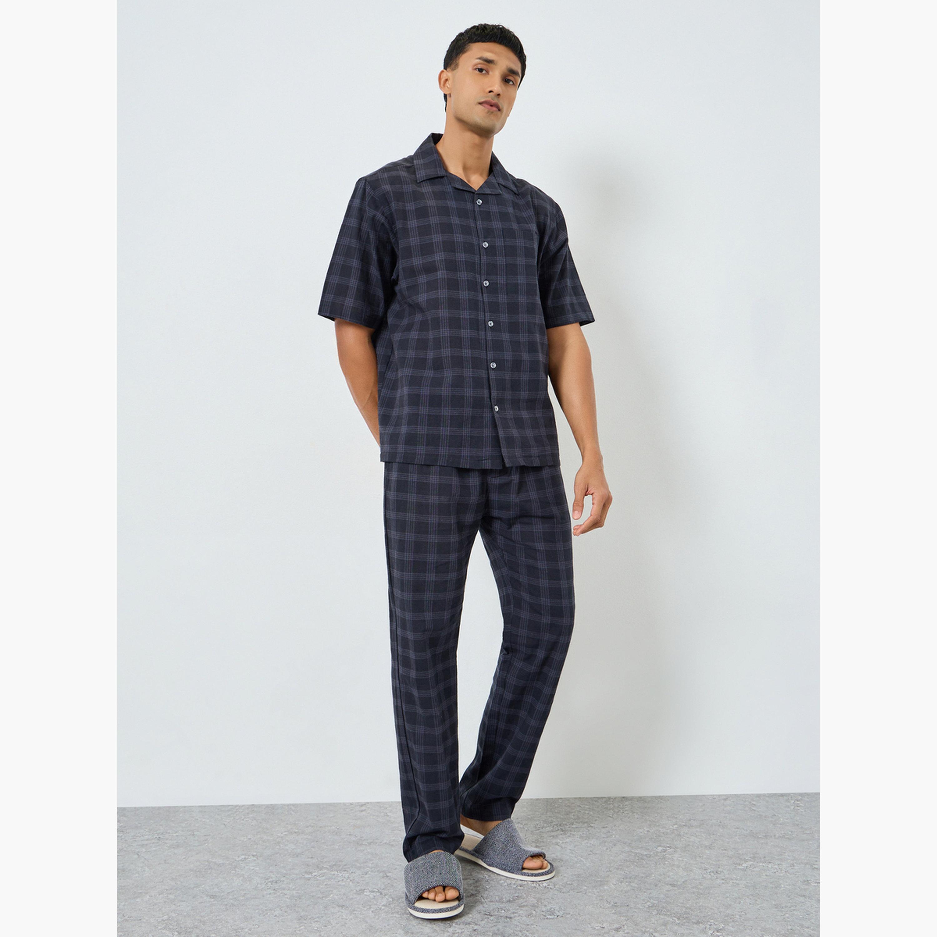 Styli Men Checked Print Buttoned Shirt and Pyjama Set-men-clothing-nightwear-sets-image-1