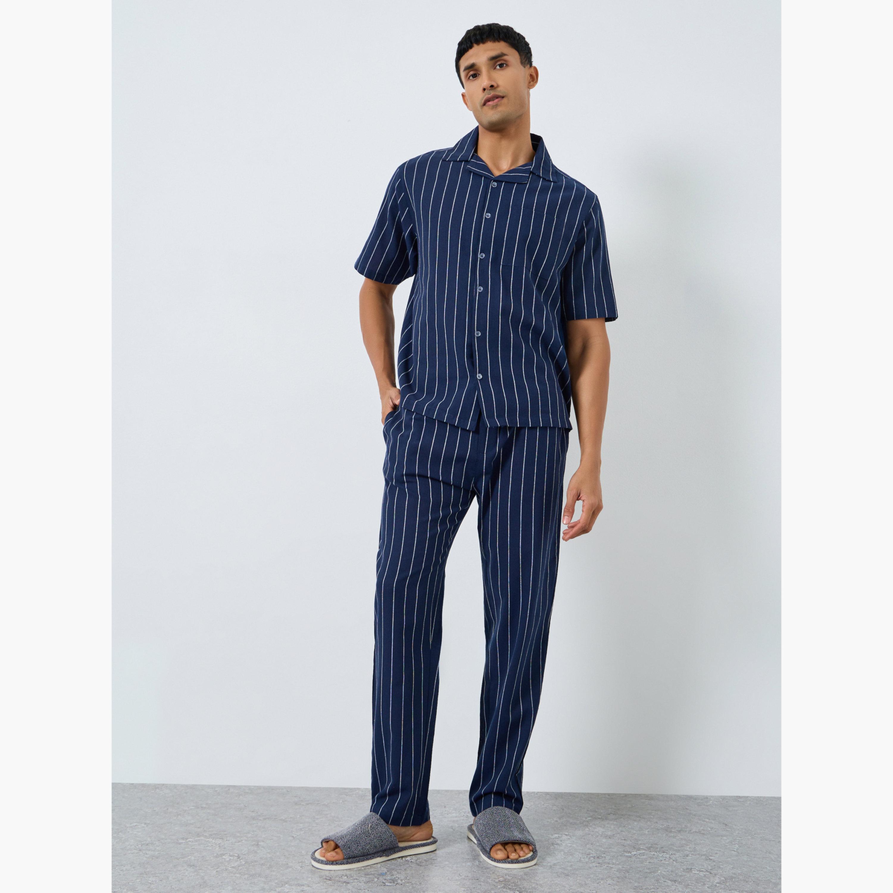 Styli Men Striped Buttoned Shirt and Pyjama Set-men-clothing-nightwear-sets-image-1