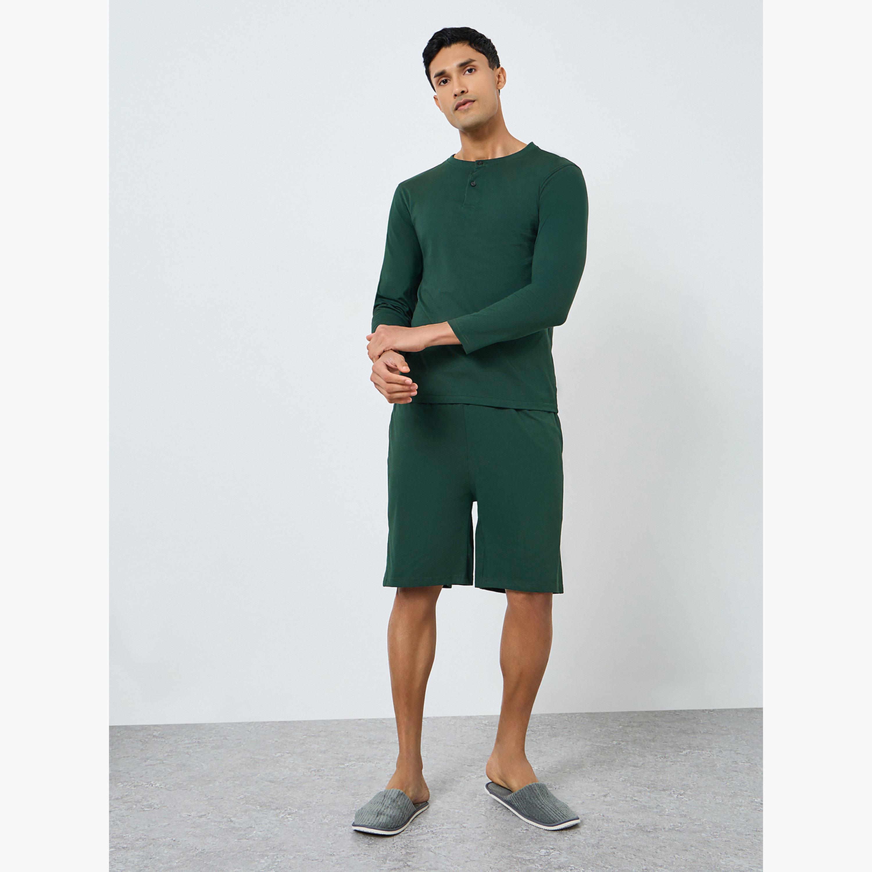 Styli Men Green Long Sleeve T-Shirt and Shorts Pyjama Set-men-clothing-nightwear-sets-image-1