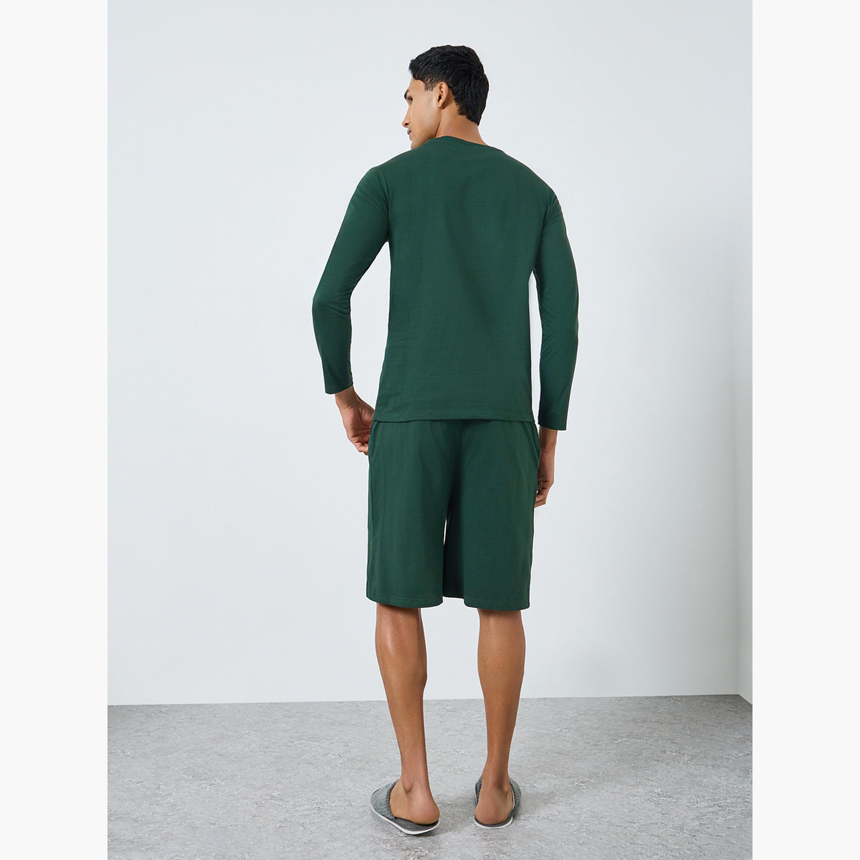 Styli Men Green Long Sleeve T-Shirt and Shorts Pyjama Set-men-clothing-nightwear-sets-image-3