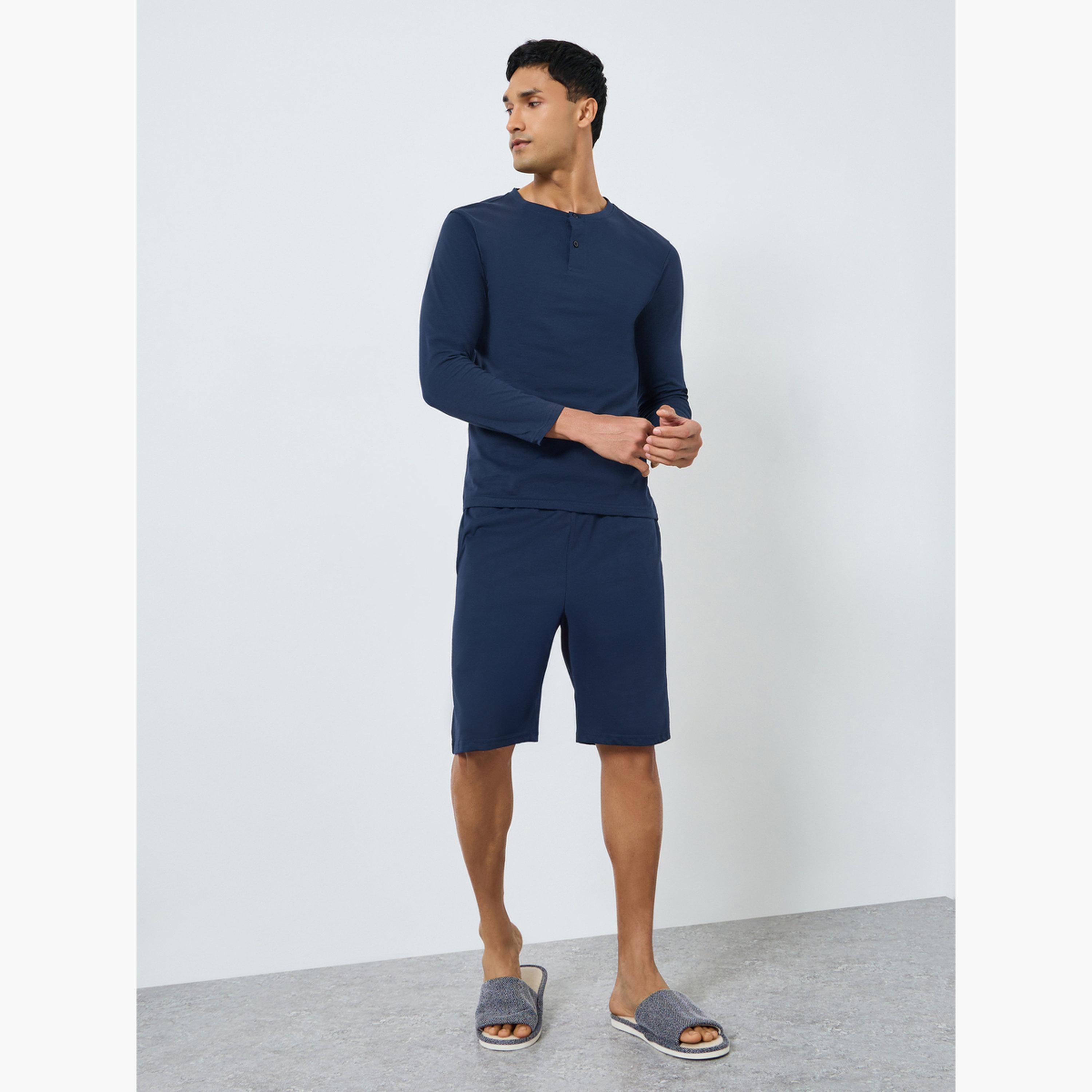 Styli Men Blue Long Sleeve T-Shirt and Shorts Pyjama Set-men-clothing-nightwear-sets-image-1