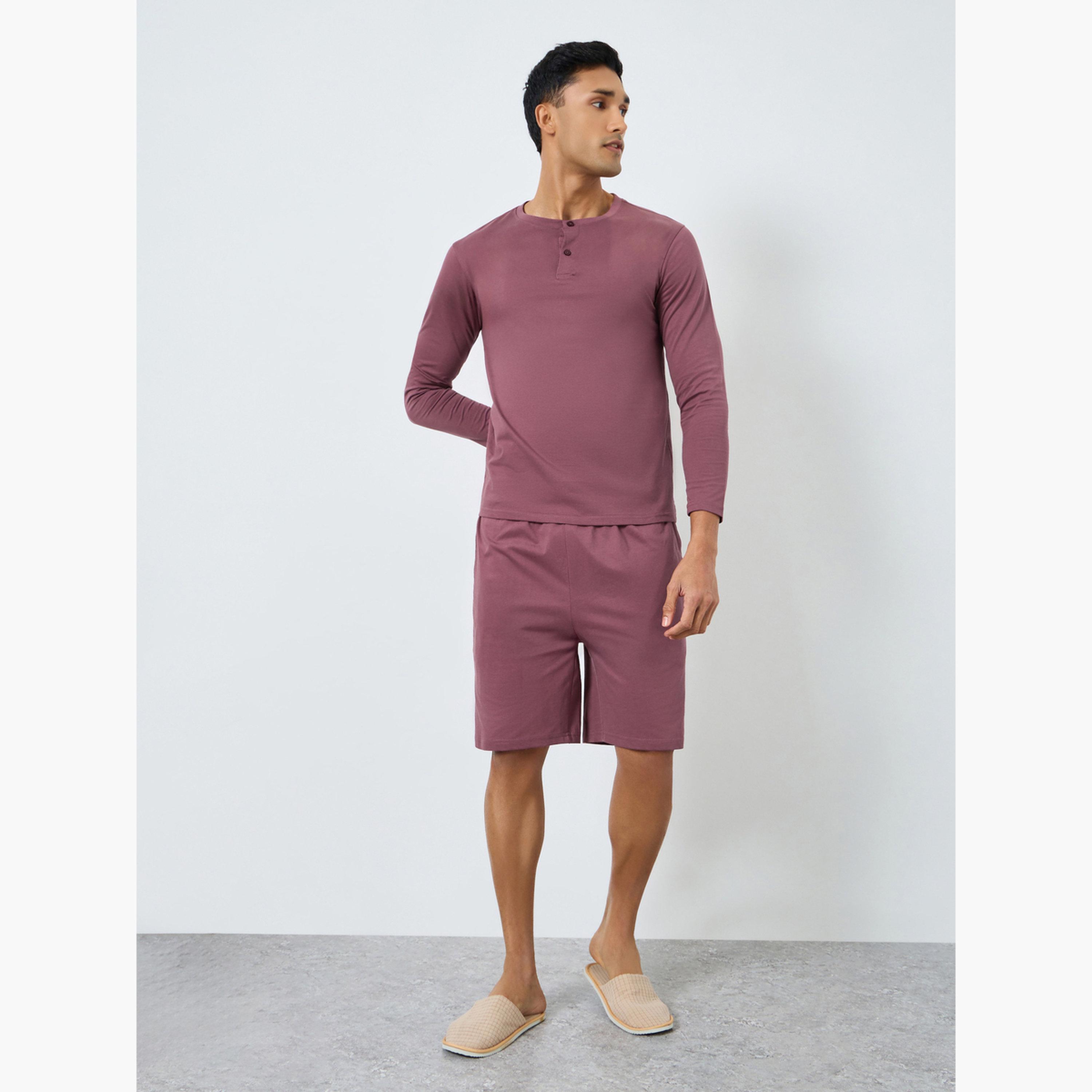 Styli Men Purple Long Sleeve T-Shirt and Shorts Pyjama Set-men-clothing-nightwear-sets-image-1