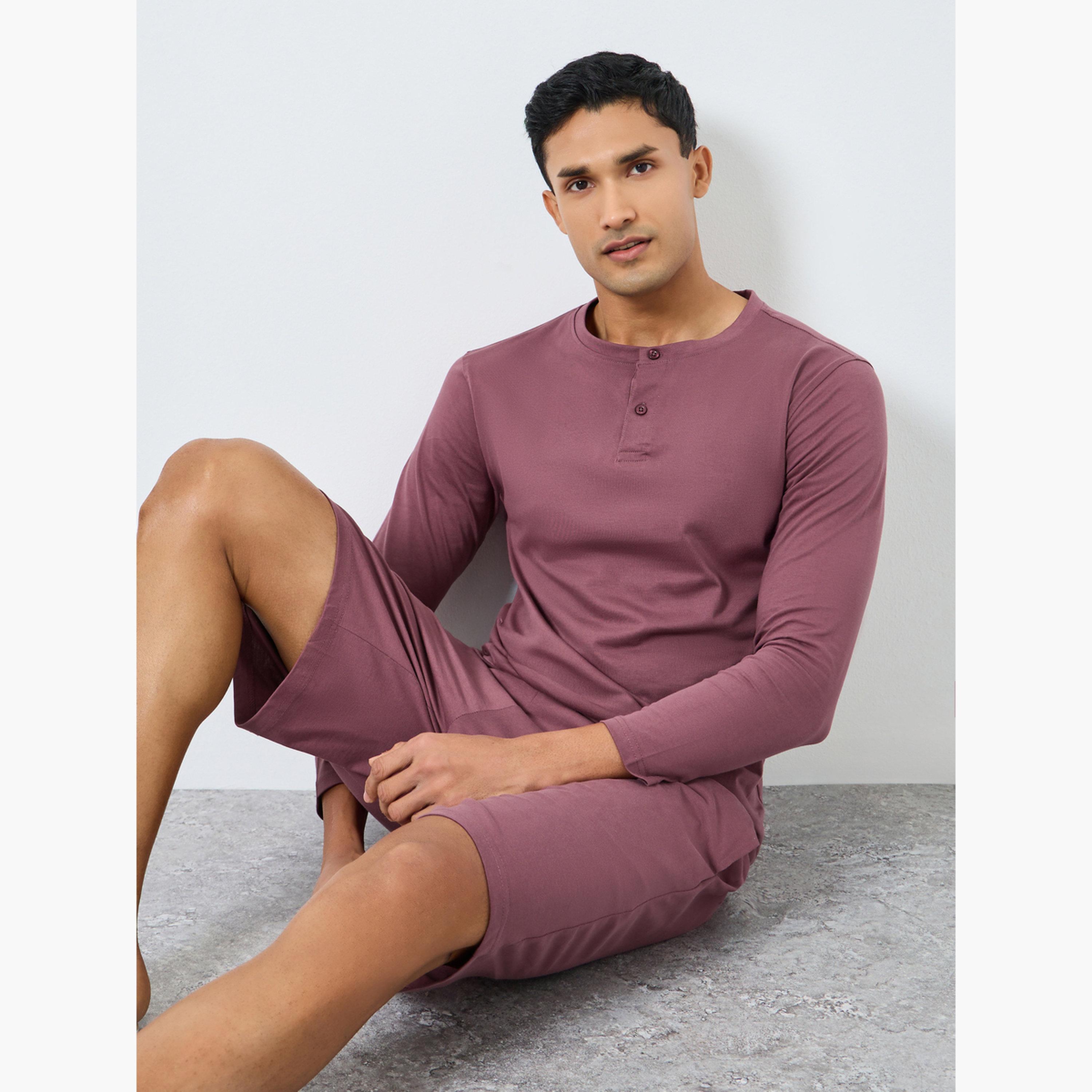 Styli Men Purple Long Sleeve T-Shirt and Shorts Pyjama Set-men-clothing-nightwear-sets-image-2