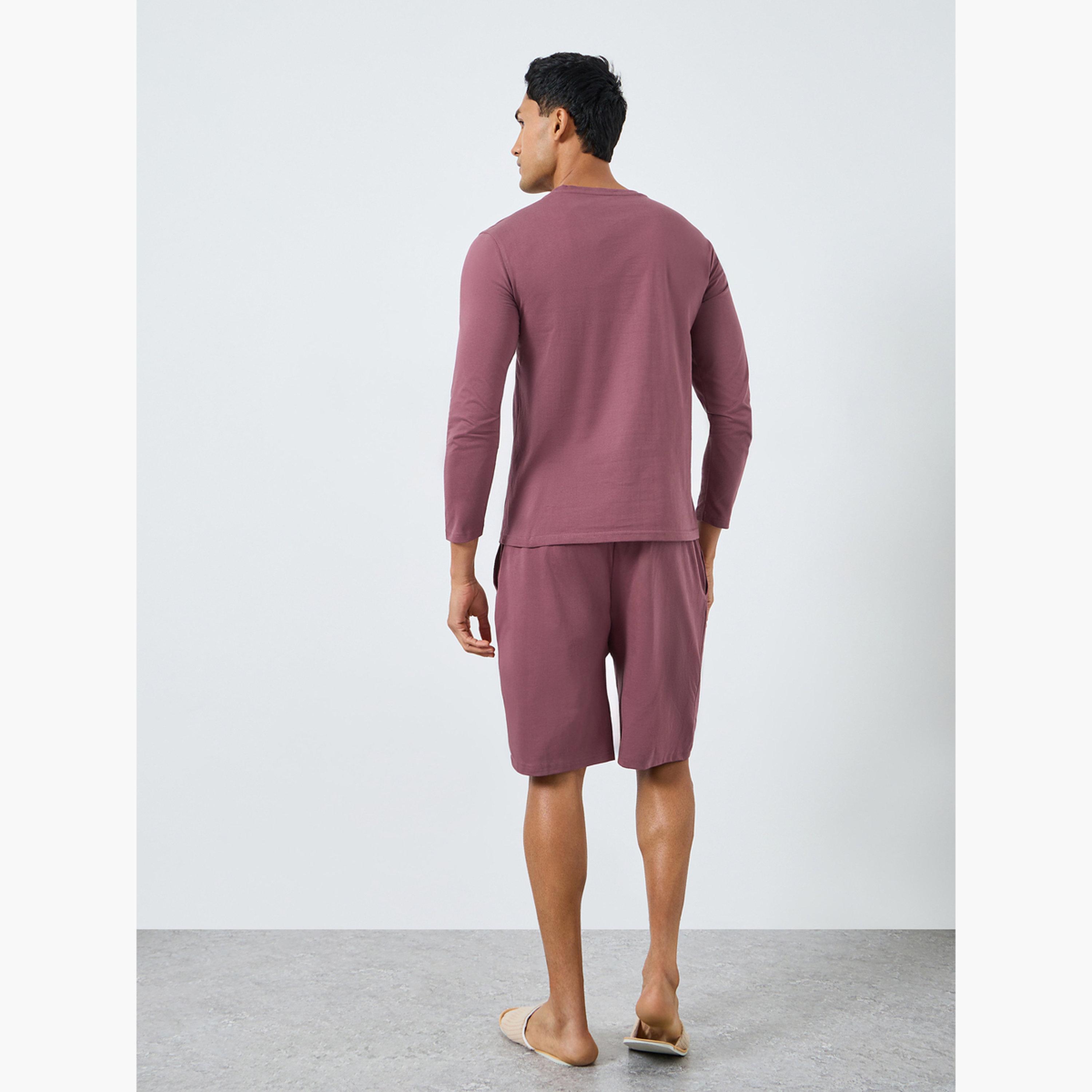 Styli Men Purple Long Sleeve T-Shirt and Shorts Pyjama Set-men-clothing-nightwear-sets-image-3