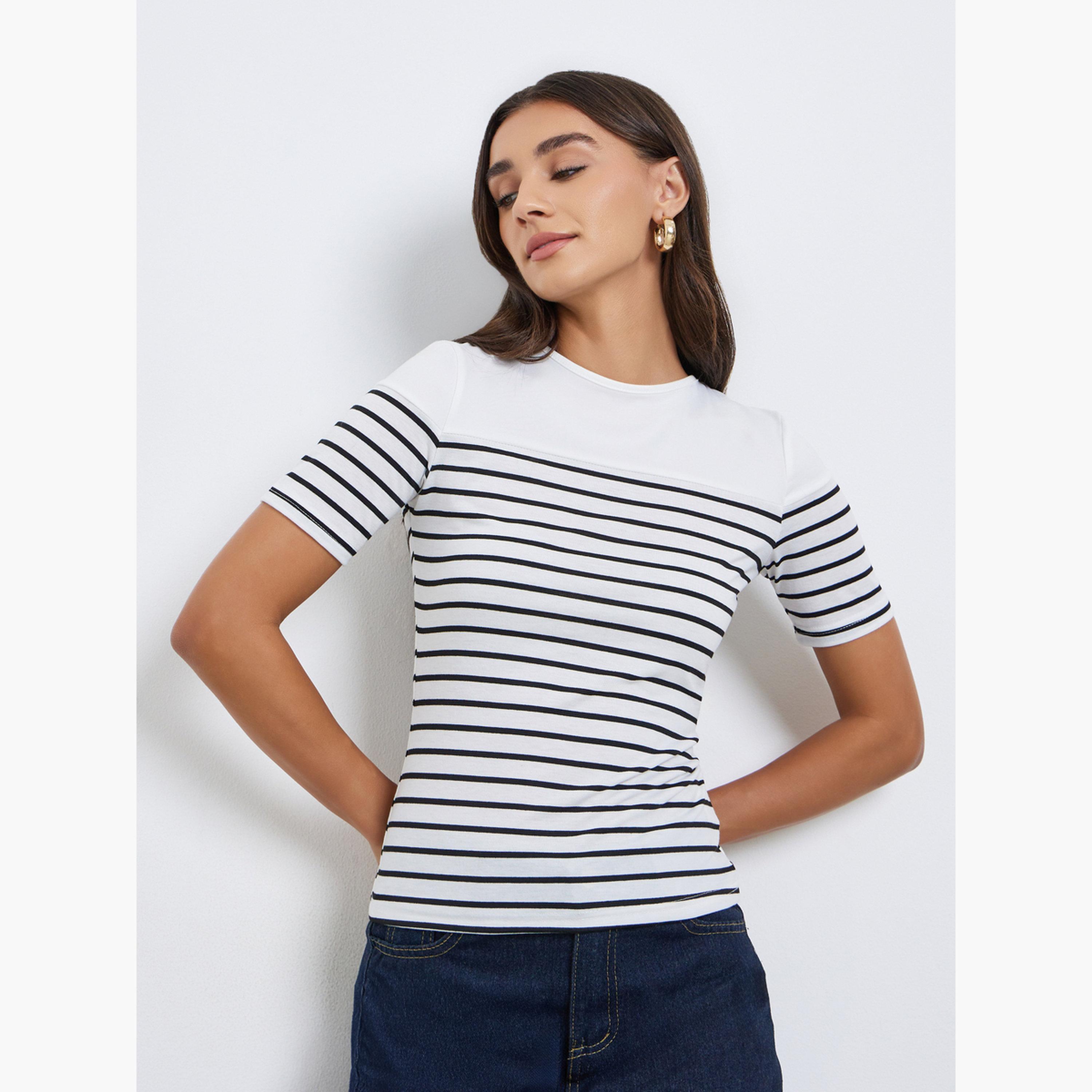 Styli Back Knot Detail Striped Crew Neck Top-women-clothing-tshirts-image-1