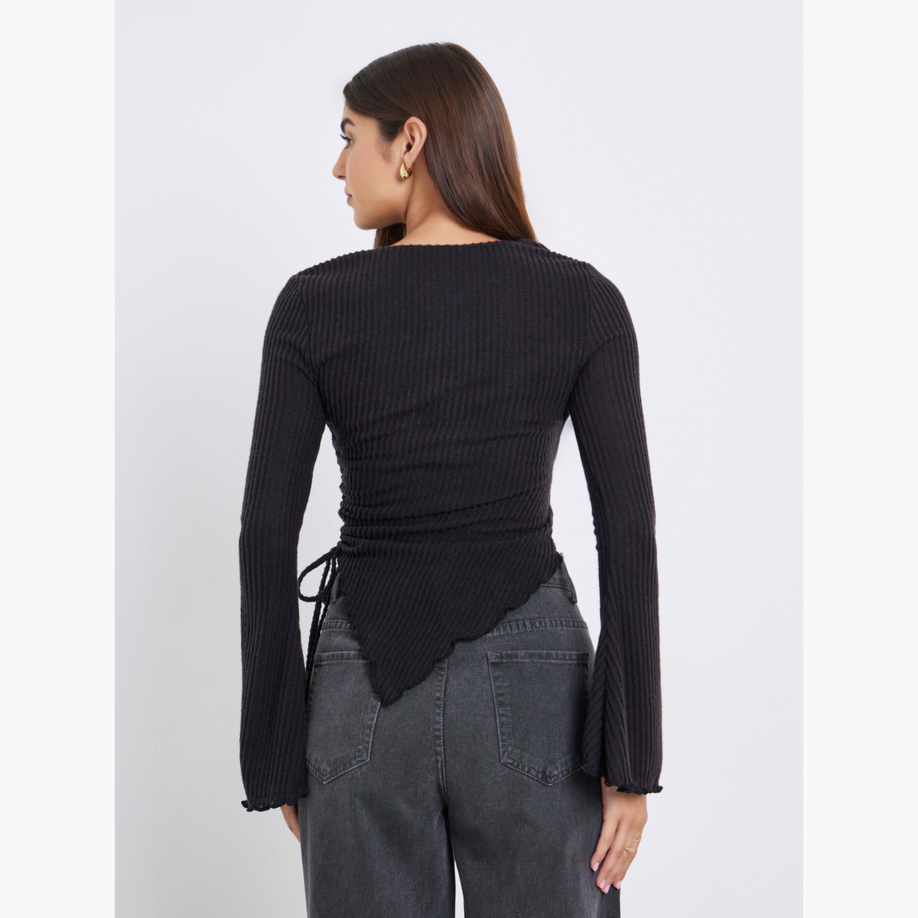 Styli Black Ribbed Tie-Side Long Sleeve Top-women-clothing-tshirts-image-3