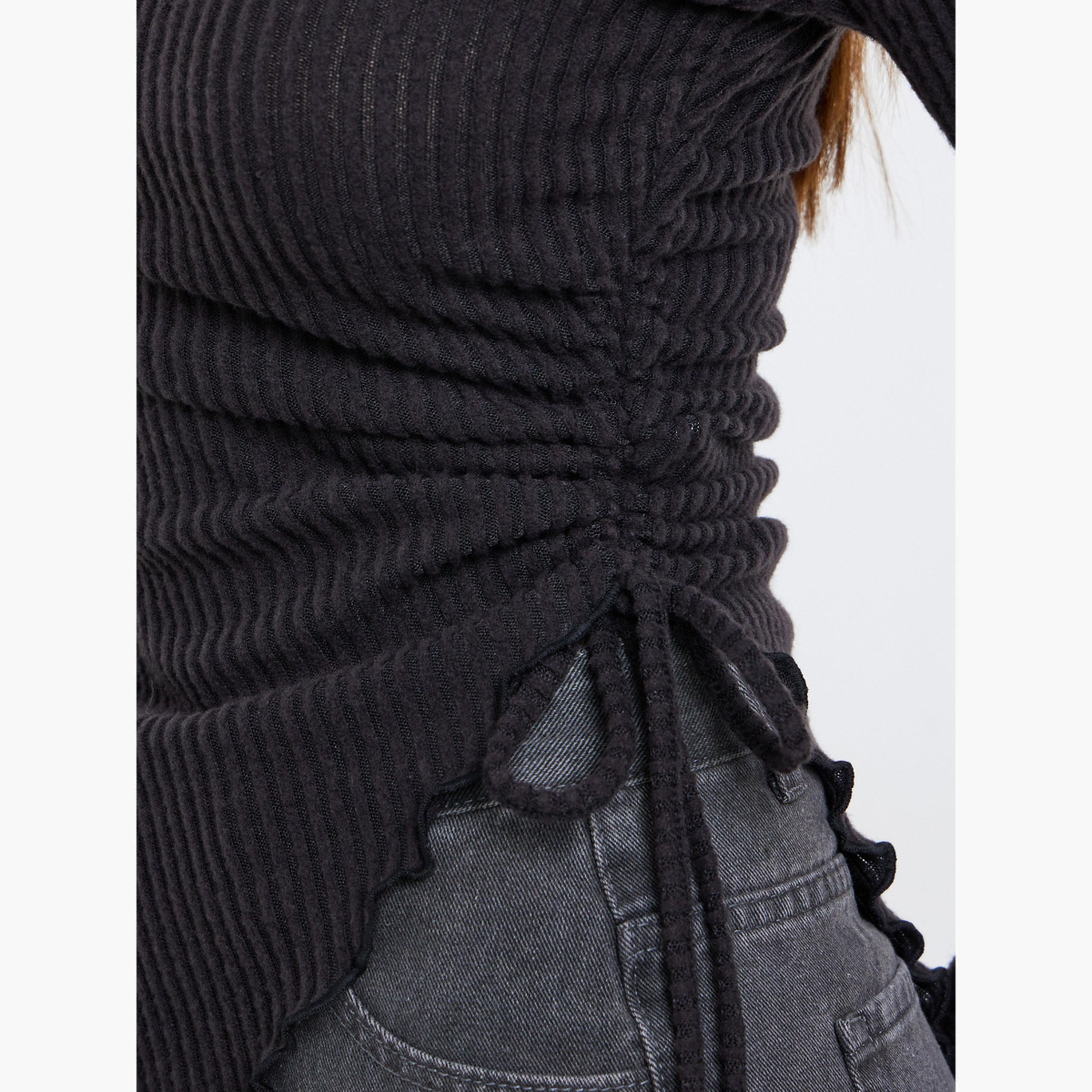Styli Black Ribbed Tie-Side Long Sleeve Top-women-clothing-tshirts-image-4