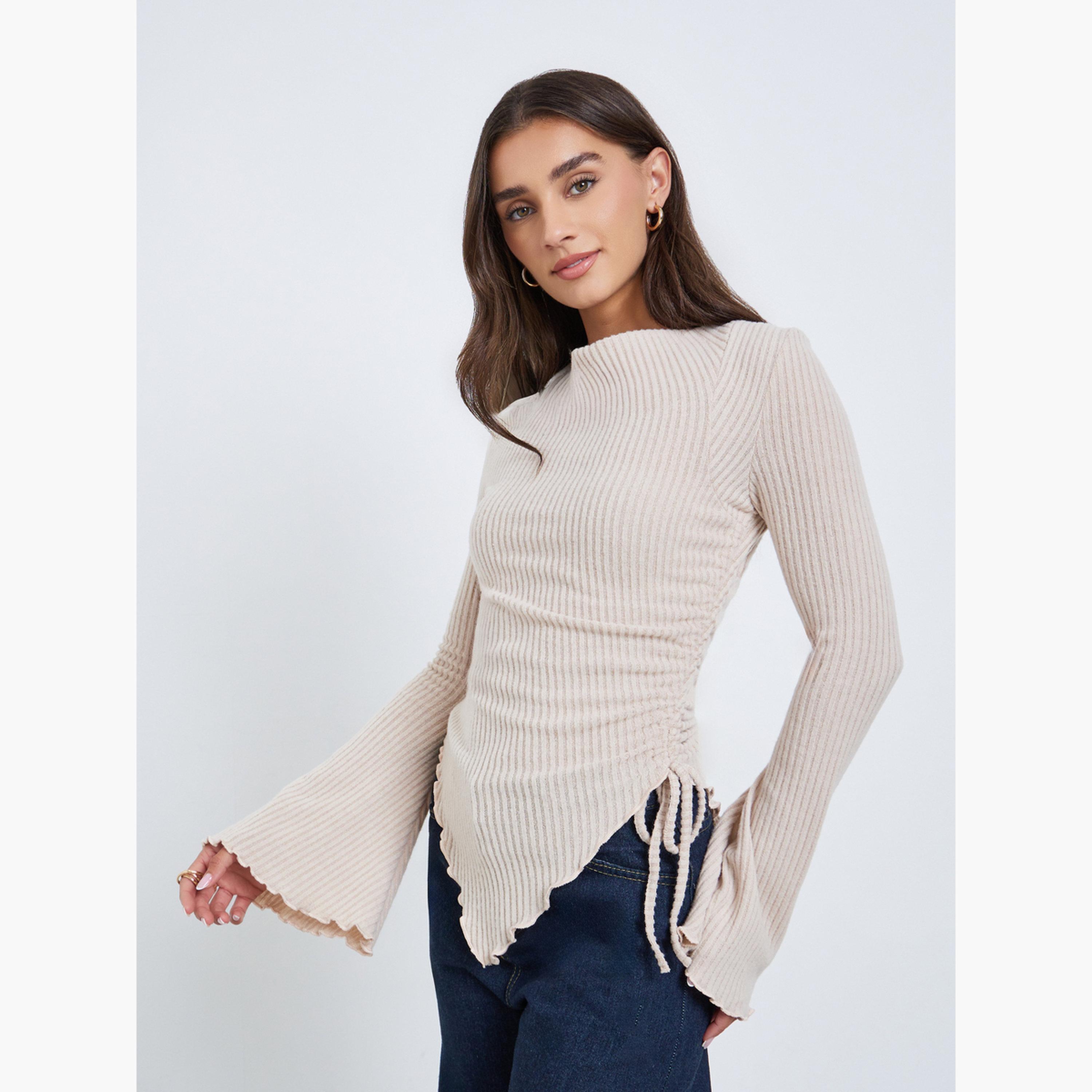 ستايلي - بلوزة بيج مضلعة ذات حاشية غير متماثلة وأكمام طويلة-women-clothing-tshirts-image-1