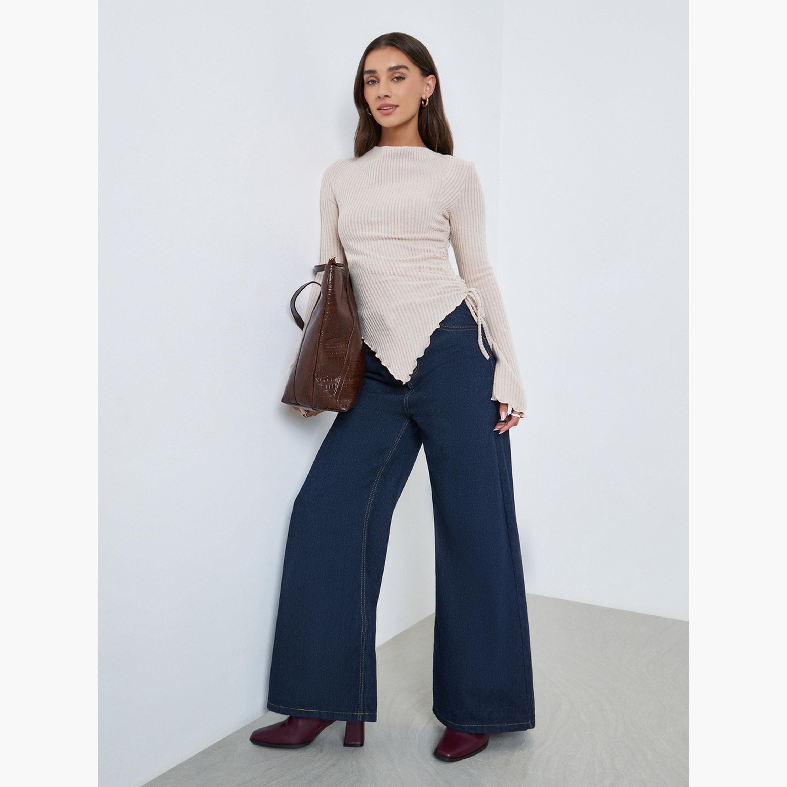 ستايلي - بلوزة بيج مضلعة ذات حاشية غير متماثلة وأكمام طويلة-women-clothing-tshirts-image-2