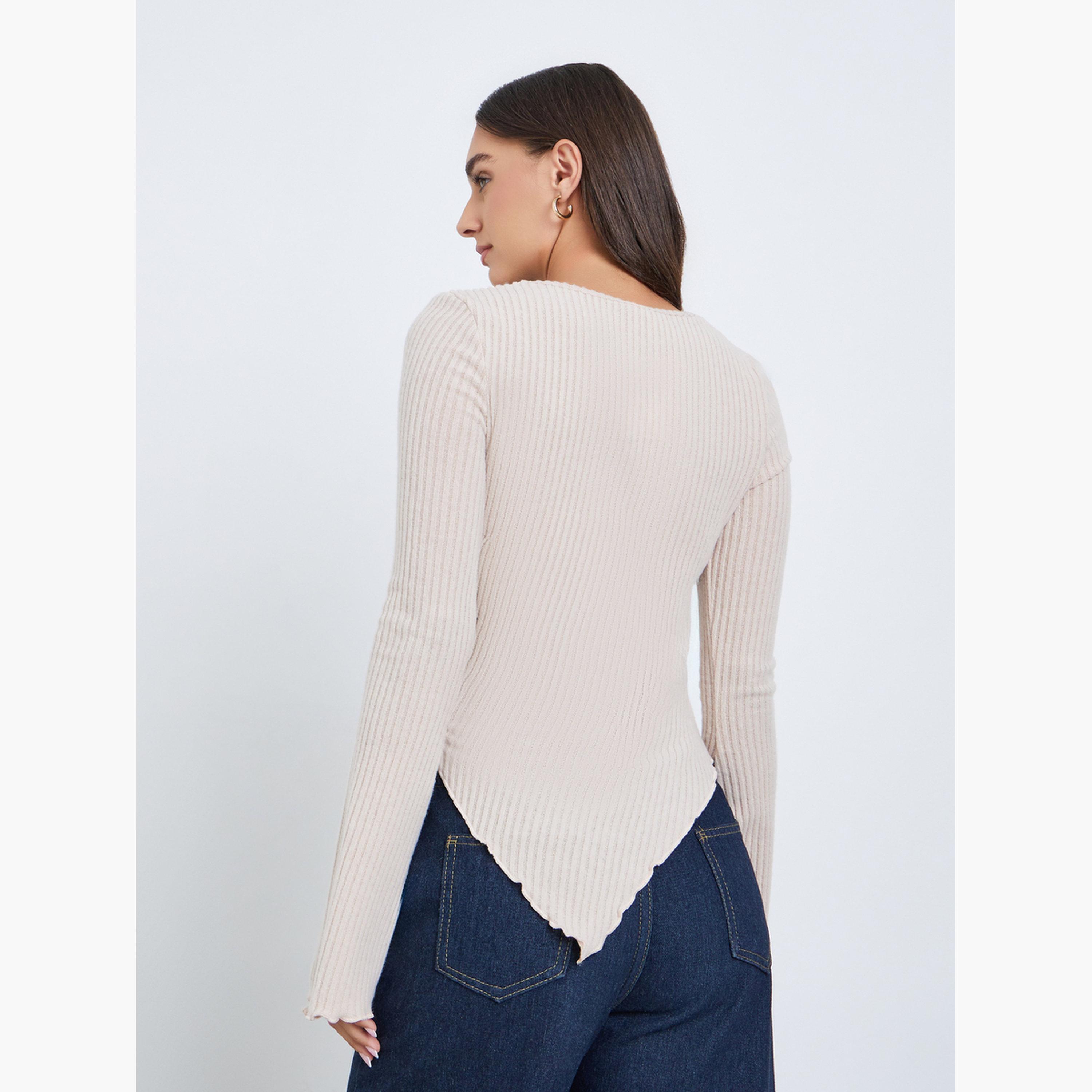 ستايلي - بلوزة بيج مضلعة ذات حاشية غير متماثلة وأكمام طويلة-women-clothing-tshirts-image-3