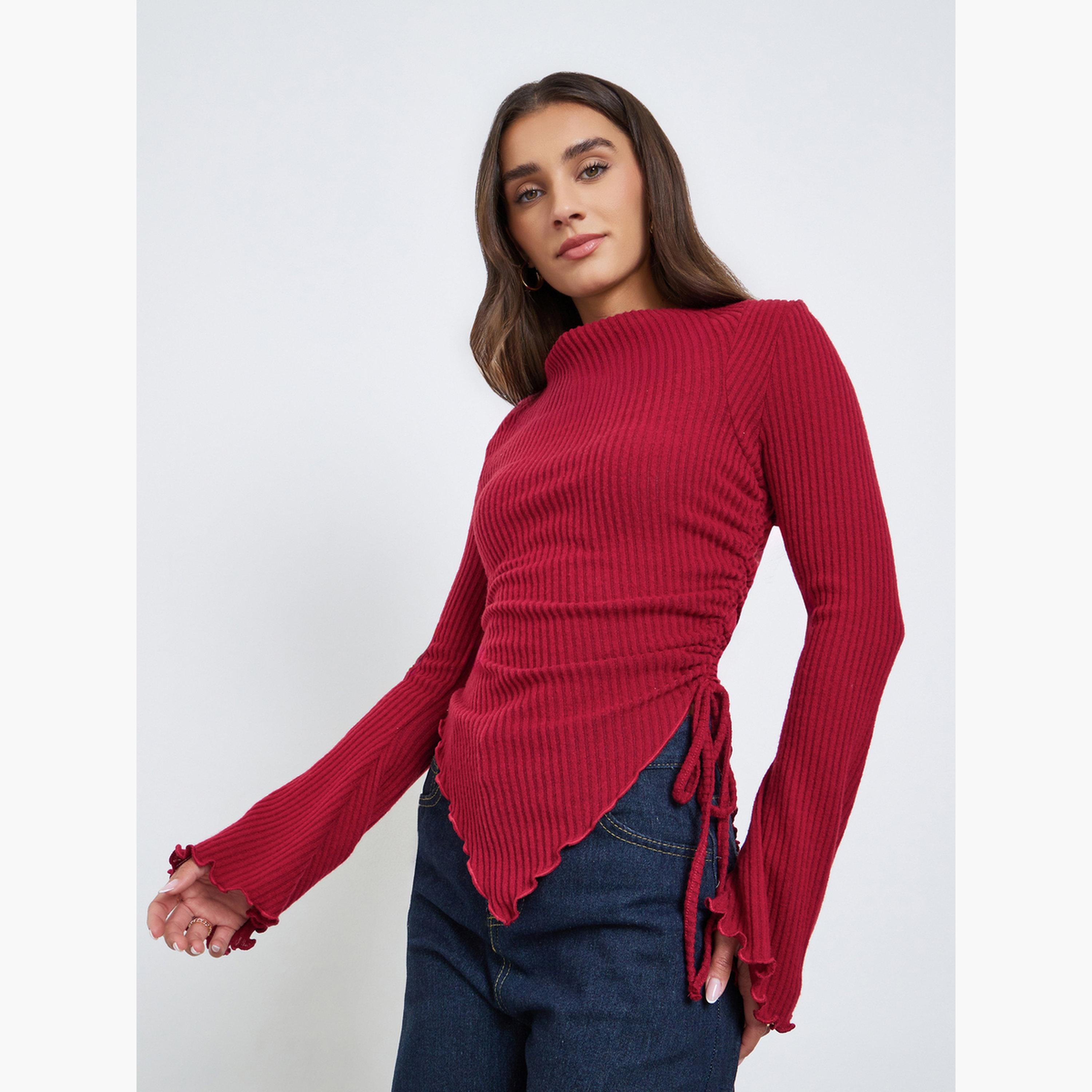 Styli Burgundy Ribbed Asymmetric Hem Long Sleeve Top-women-clothing-tshirts-image-1