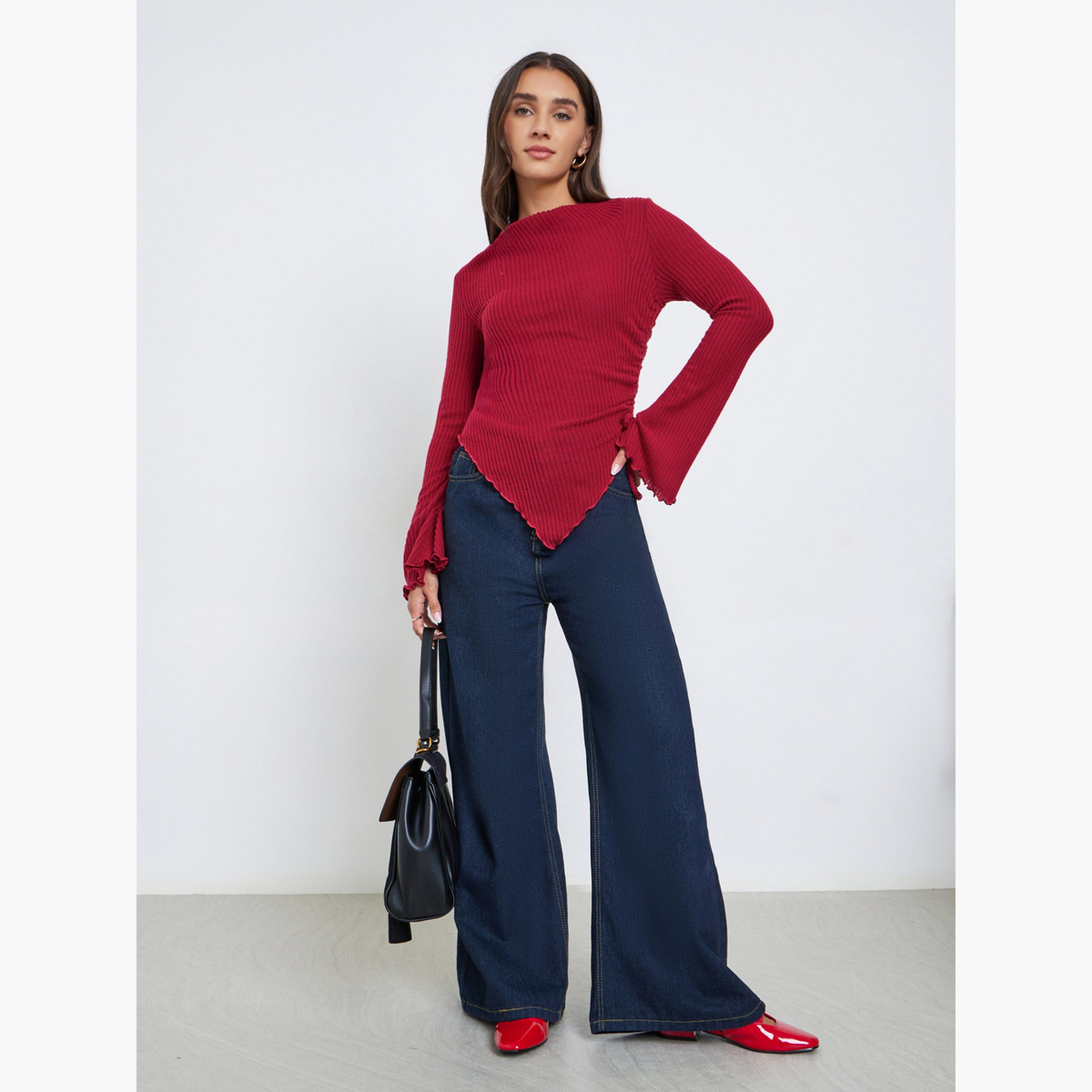 Styli Burgundy Ribbed Asymmetric Hem Long Sleeve Top-women-clothing-tshirts-image-2
