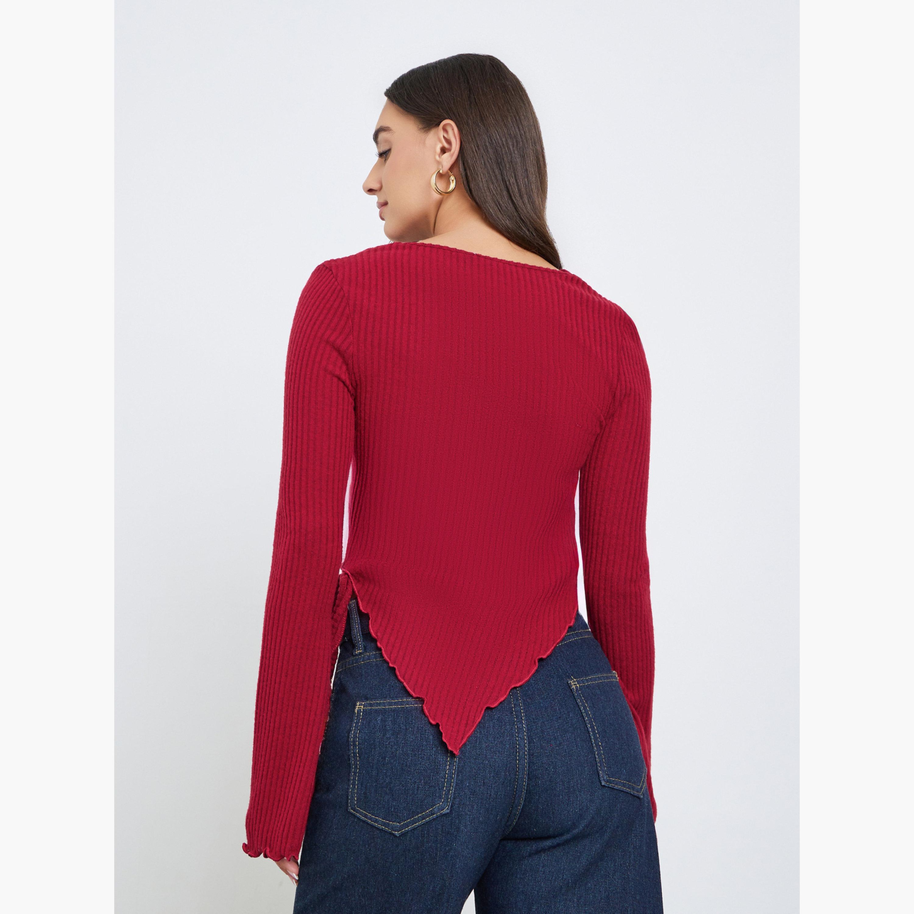 ستايلي - بلوزة برغندي مضلعة ذات حاشية غير متماثلة وأكمام طويلة-women-clothing-tshirts-image-3