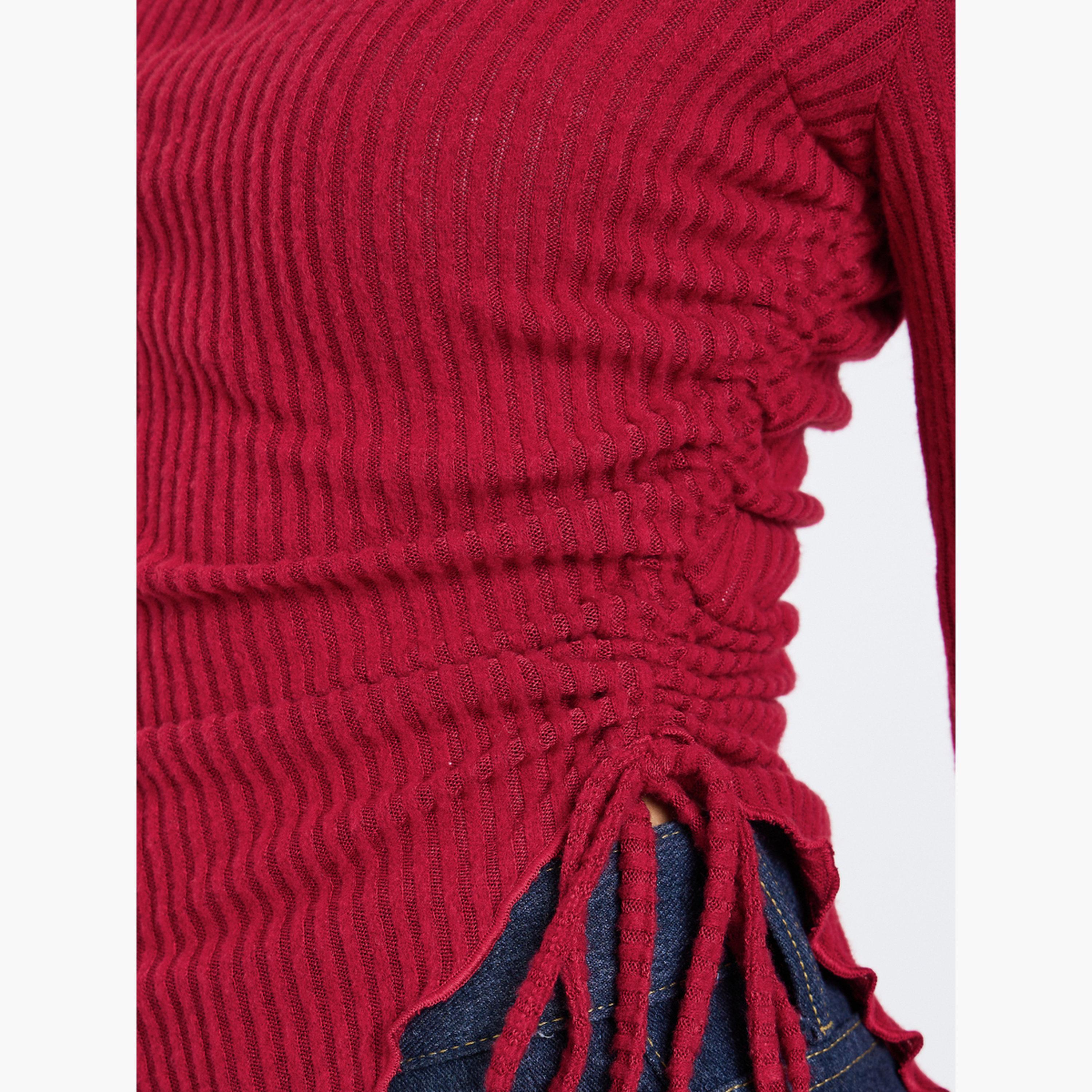 Styli Burgundy Ribbed Asymmetric Hem Long Sleeve Top-women-clothing-tshirts-image-4