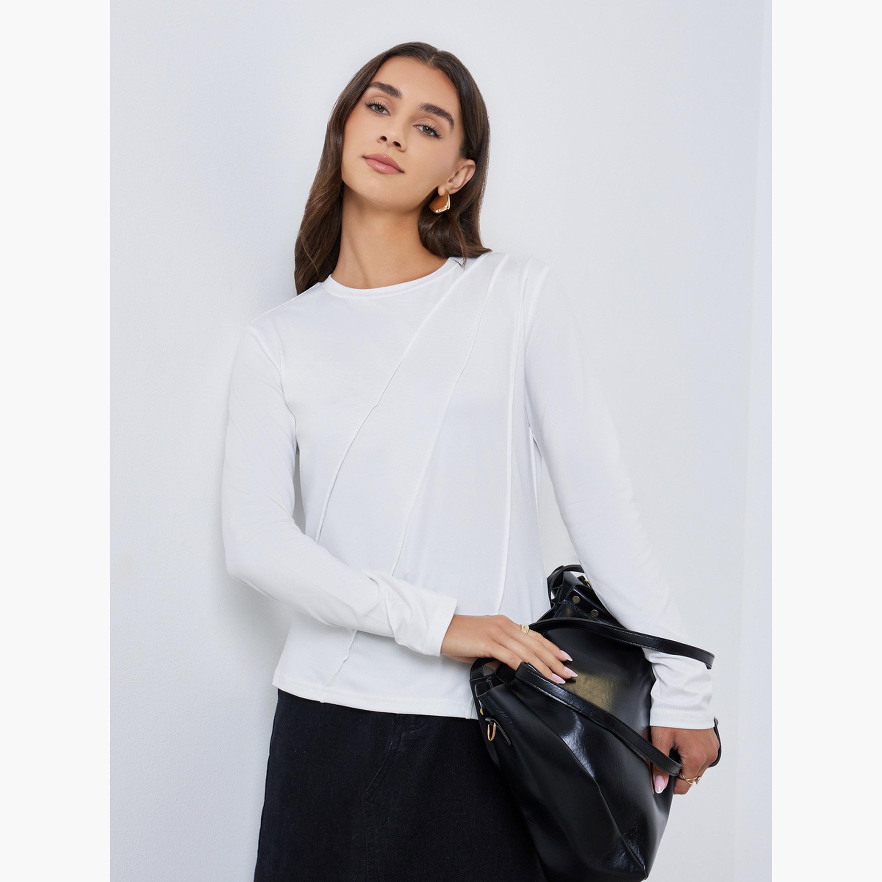 Styli White Long Sleeve T-Shirt with Pipping Detail-women-clothing-tshirts-image-1