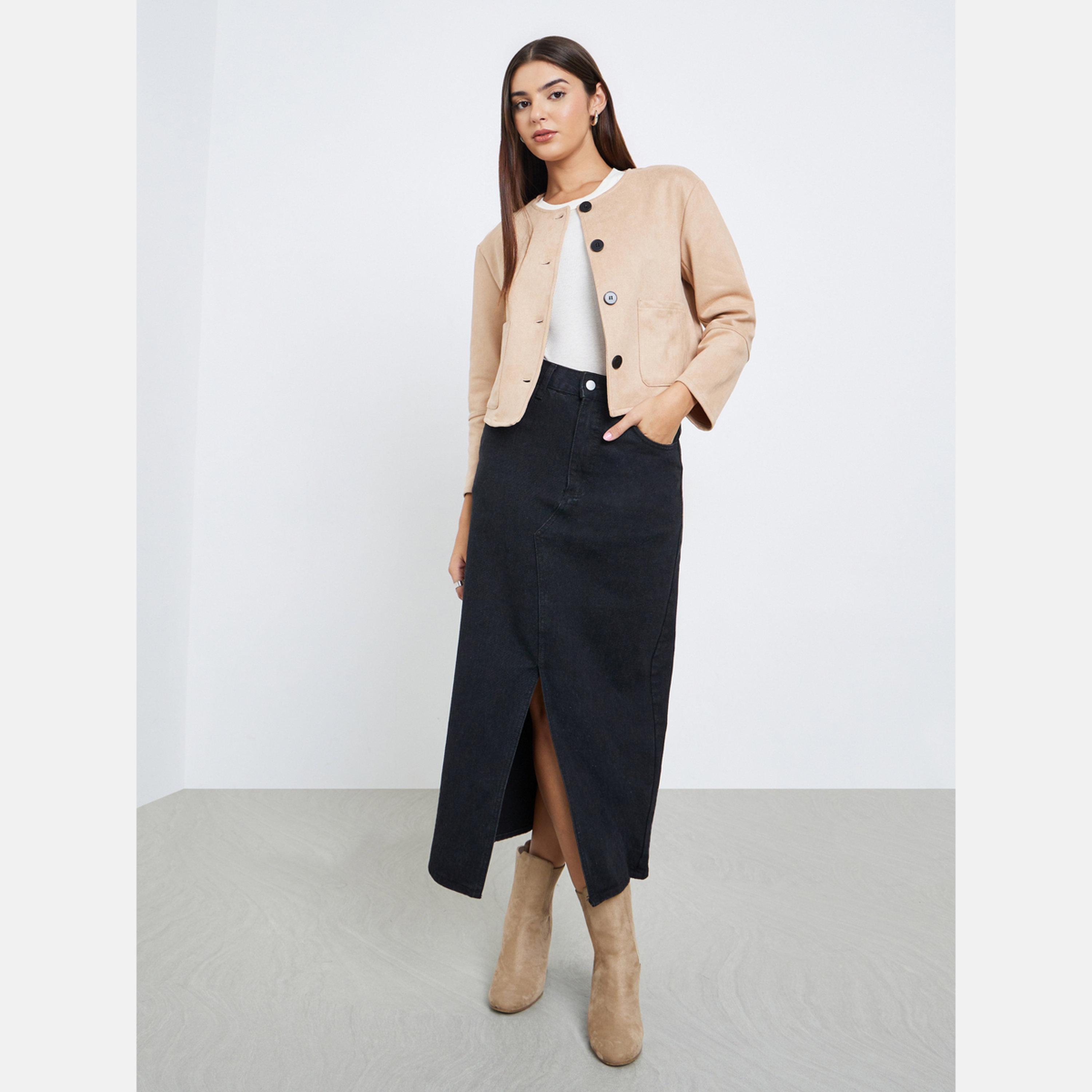 Styli Solid Round Neck Long Sleeves Women's Buttoned Jacket-women-winterwear-coatsandjackets-jackets-image-1