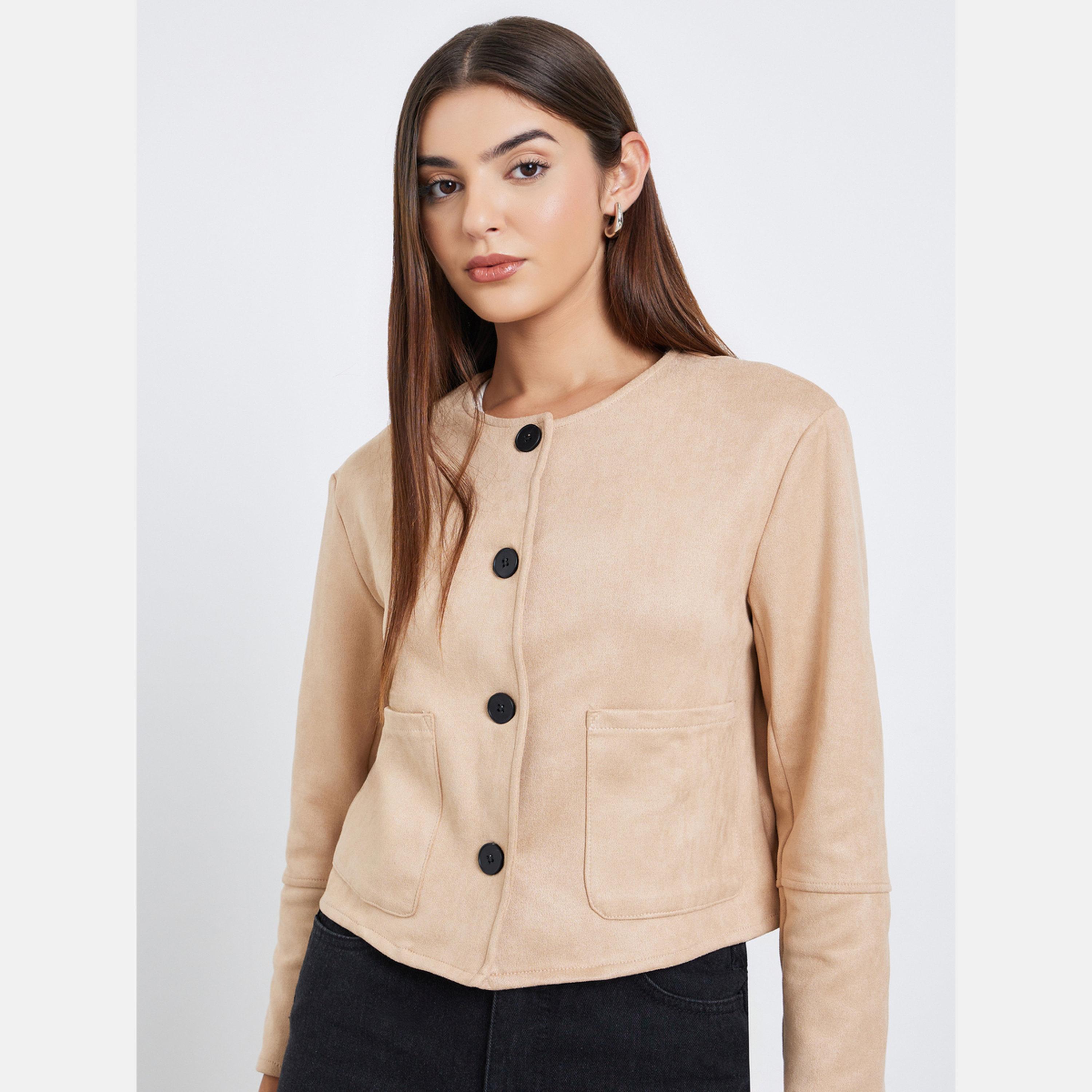 Styli Solid Round Neck Long Sleeves Women's Buttoned Jacket-women-winterwear-coatsandjackets-jackets-image-2