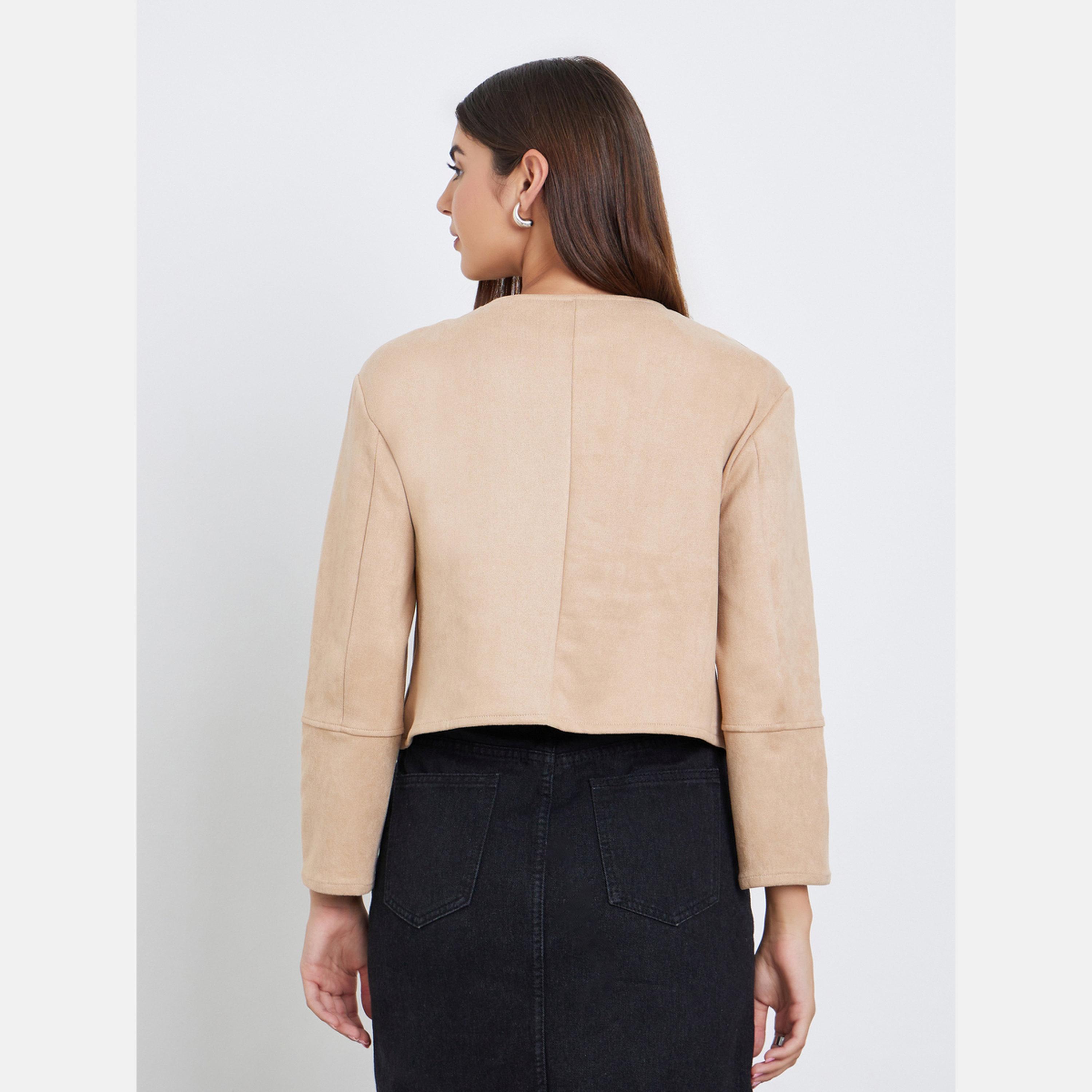 Styli Solid Round Neck Long Sleeves Women's Buttoned Jacket-women-winterwear-coatsandjackets-jackets-image-4