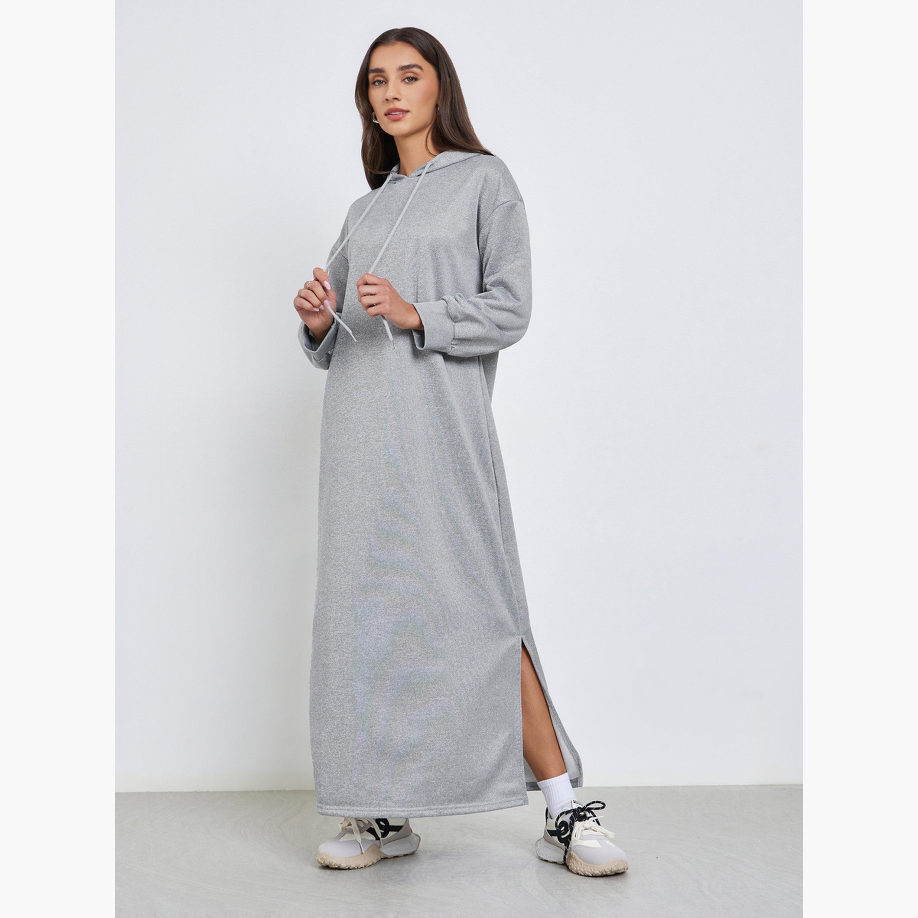 ستايلي - فستان ماكسي رمادي بأكمام طويلة وغطاء للرأس للنساء-women-clothing-dresses-image-1