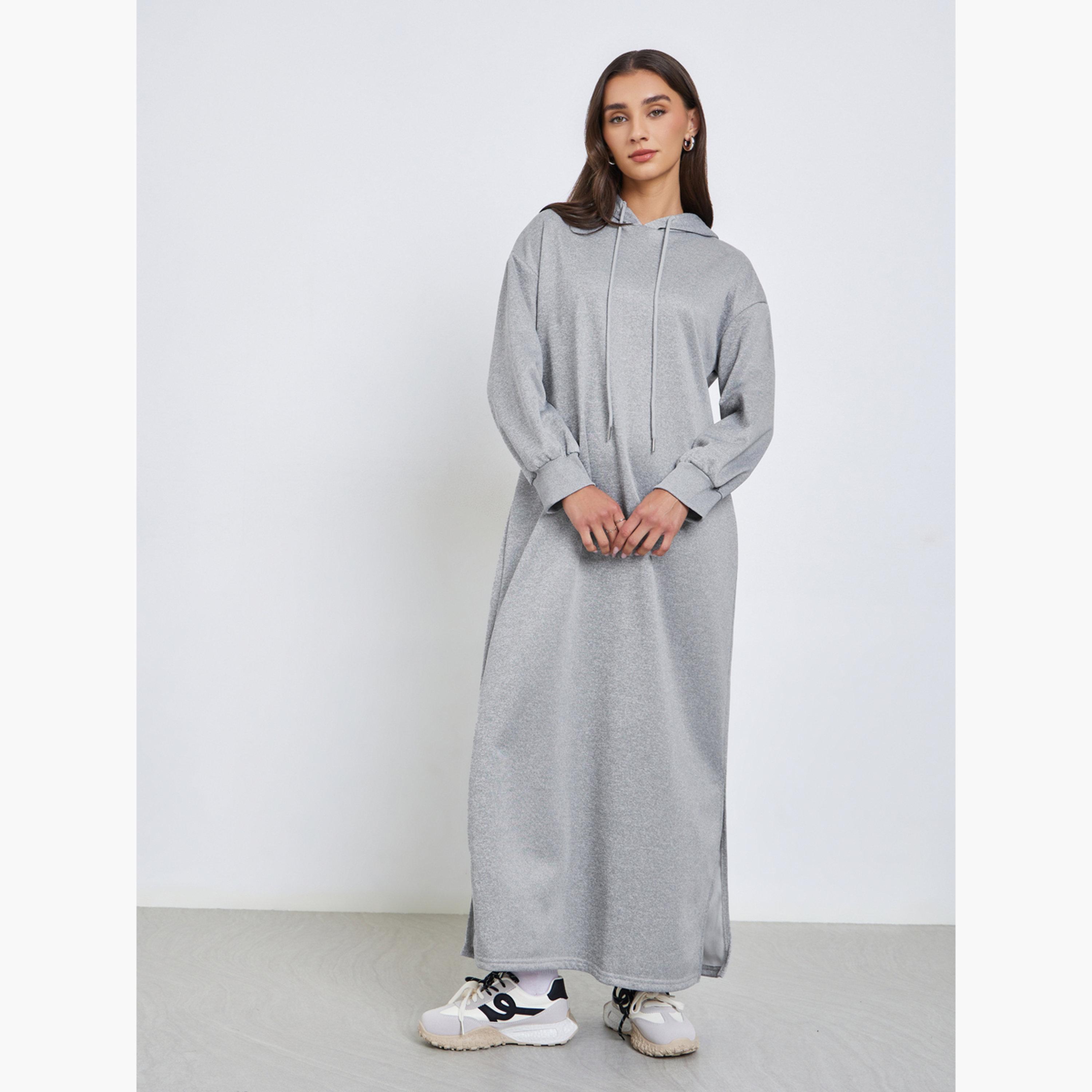 ستايلي - فستان ماكسي رمادي بأكمام طويلة وغطاء للرأس للنساء-women-clothing-dresses-image-2