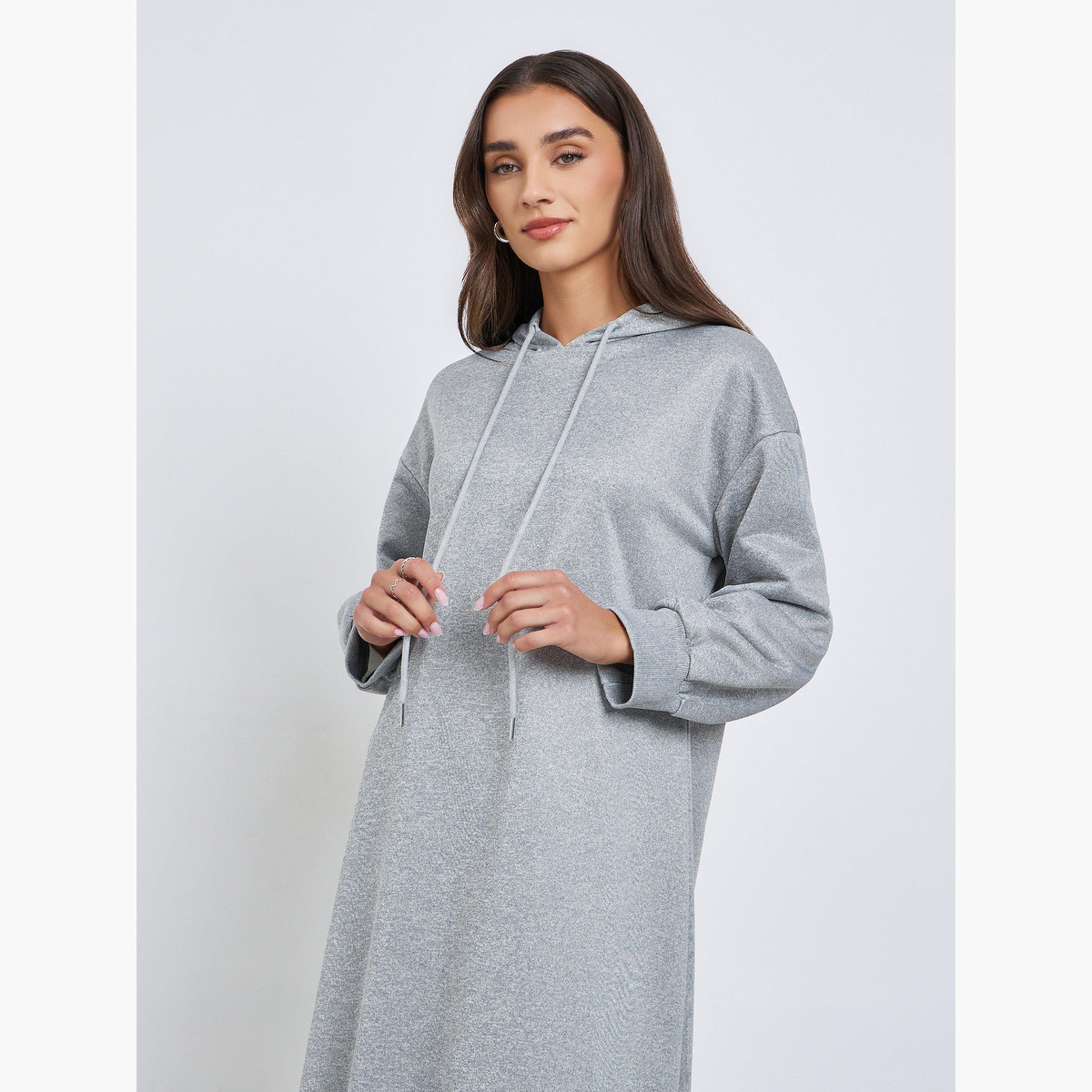 Styli Women Grey Hooded Long Sleeve Maxi Dress-women-clothing-dresses-image-3
