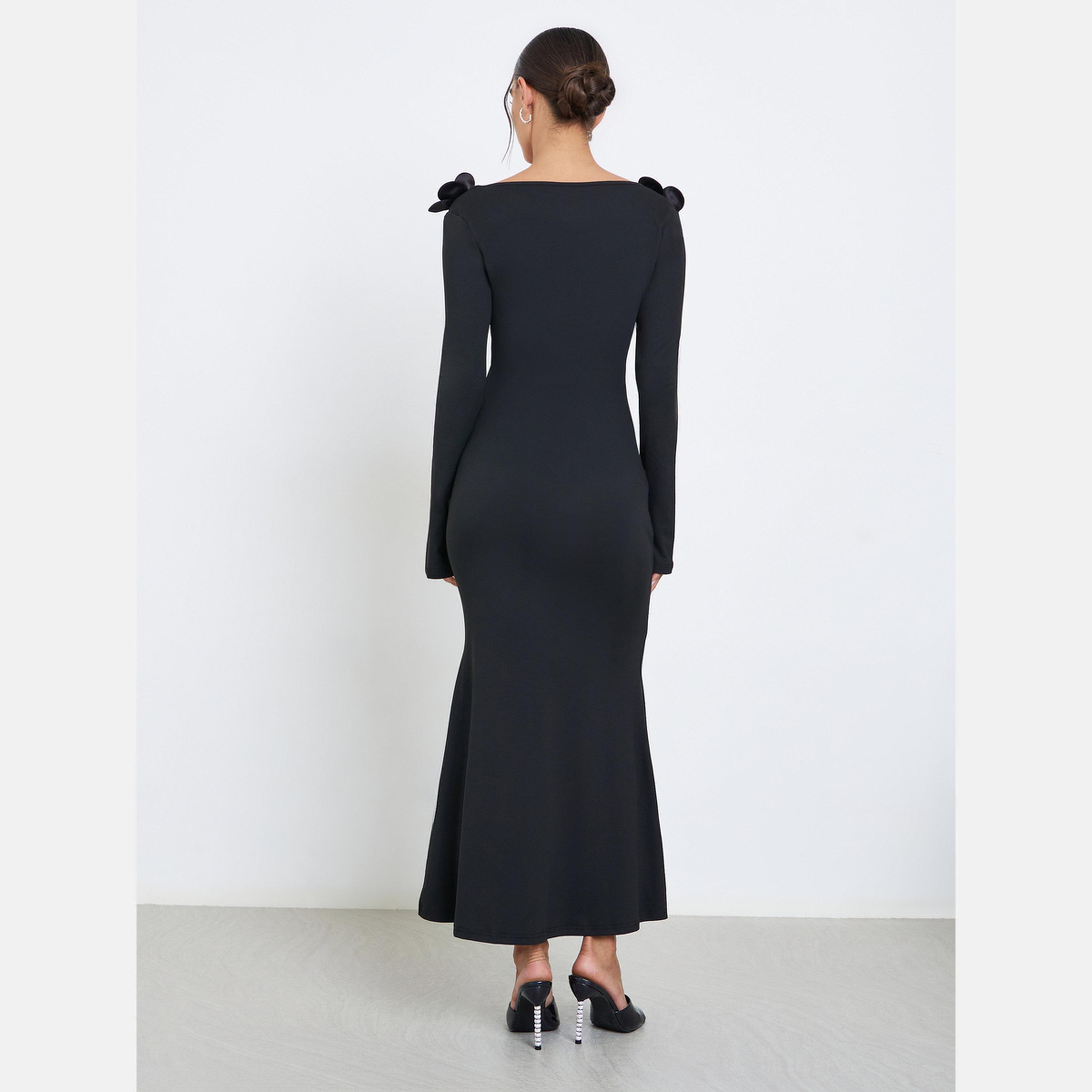 ستايلي - فستان أسود متوسط ​​الطول مزين باللؤلؤ والزهور-women-clothing-dresses-image-4