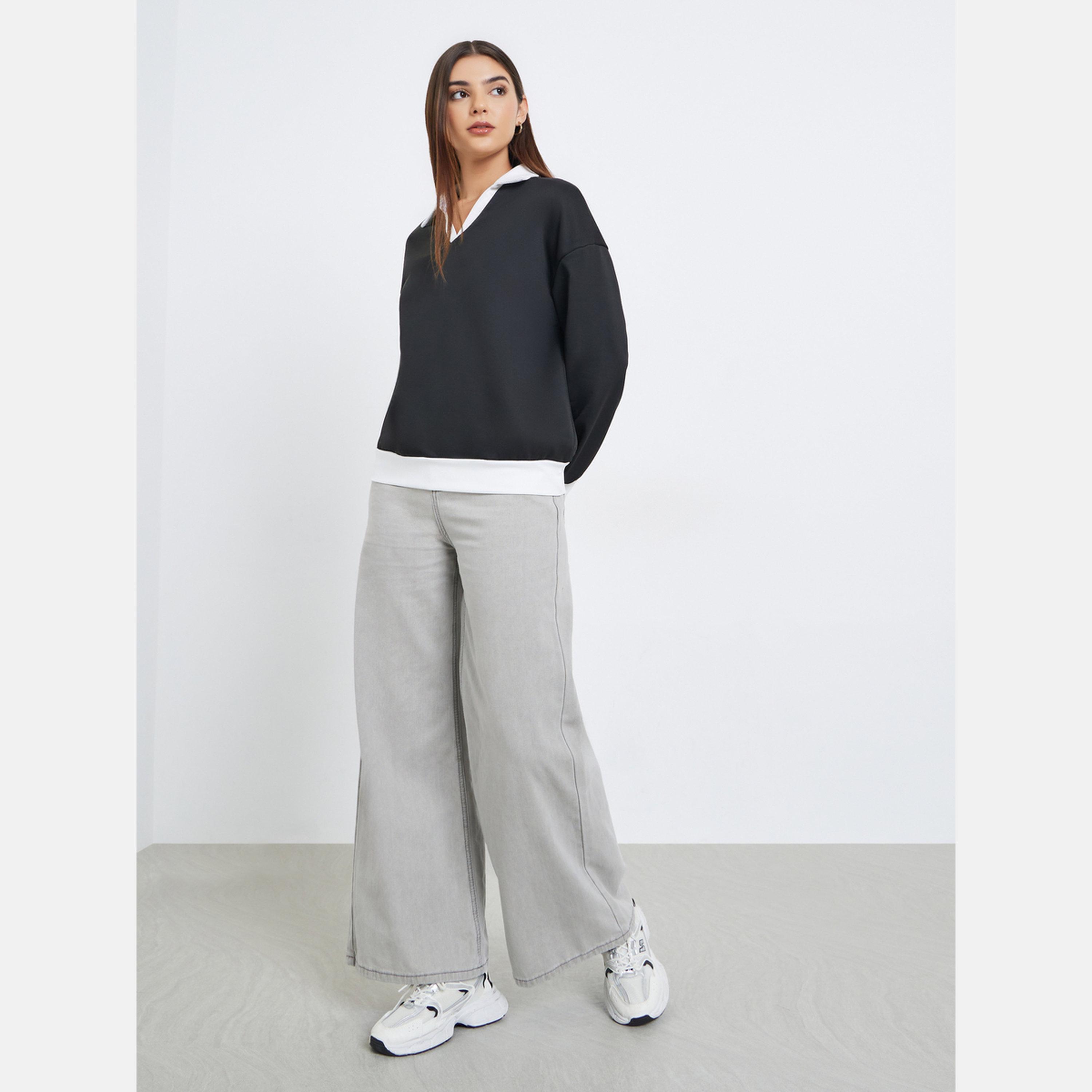 Styli Solid Collared Long Sleeves Women's Sweatshirt-women-winterwear-hoodiesandsweatshirts-sweatshirts-image-2