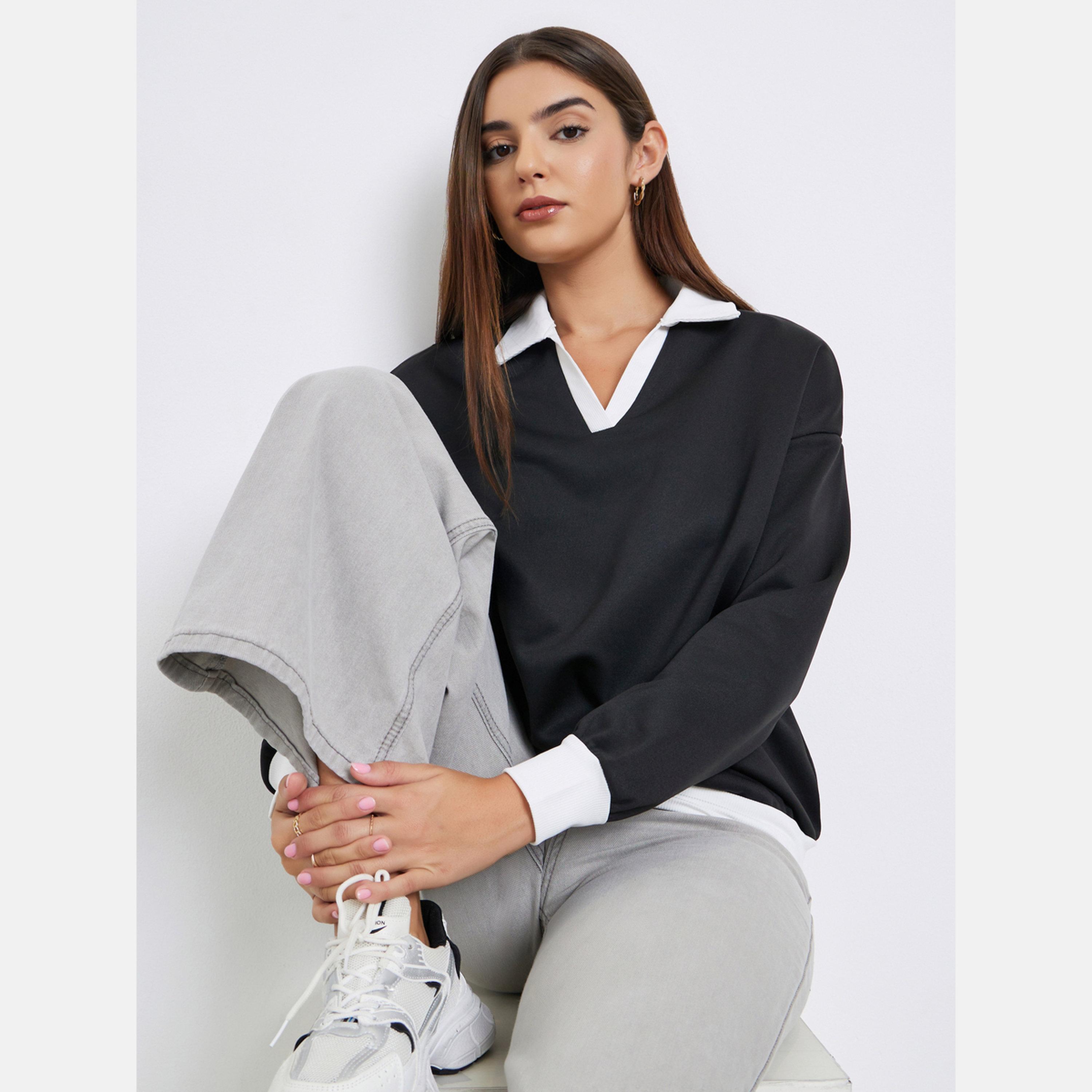 Styli Solid Collared Long Sleeves Women's Sweatshirt-women-winterwear-hoodiesandsweatshirts-sweatshirts-image-3