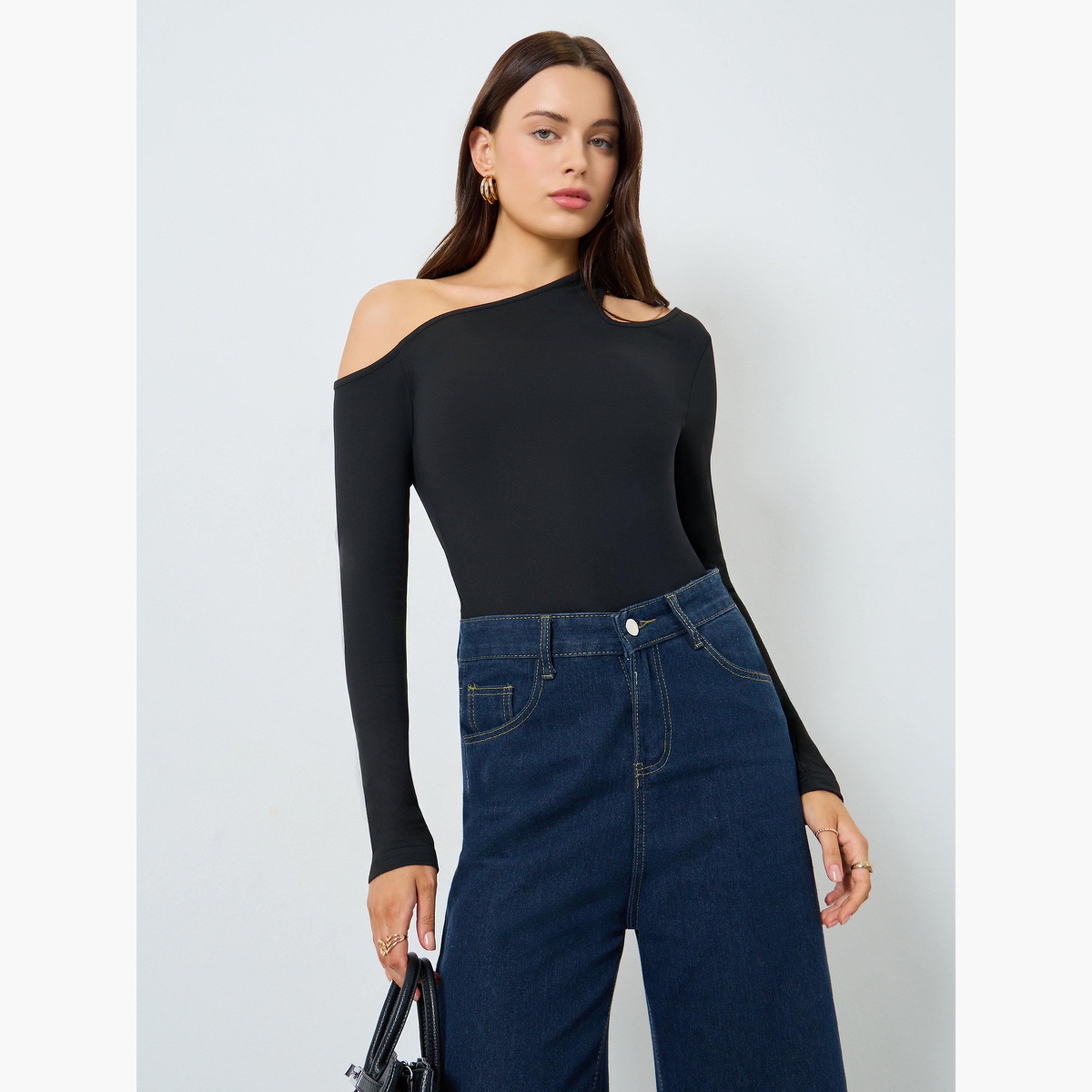 Styli Black Cut Out Detail Long Sleeve T-Shirt-women-clothing-tshirts-image-1