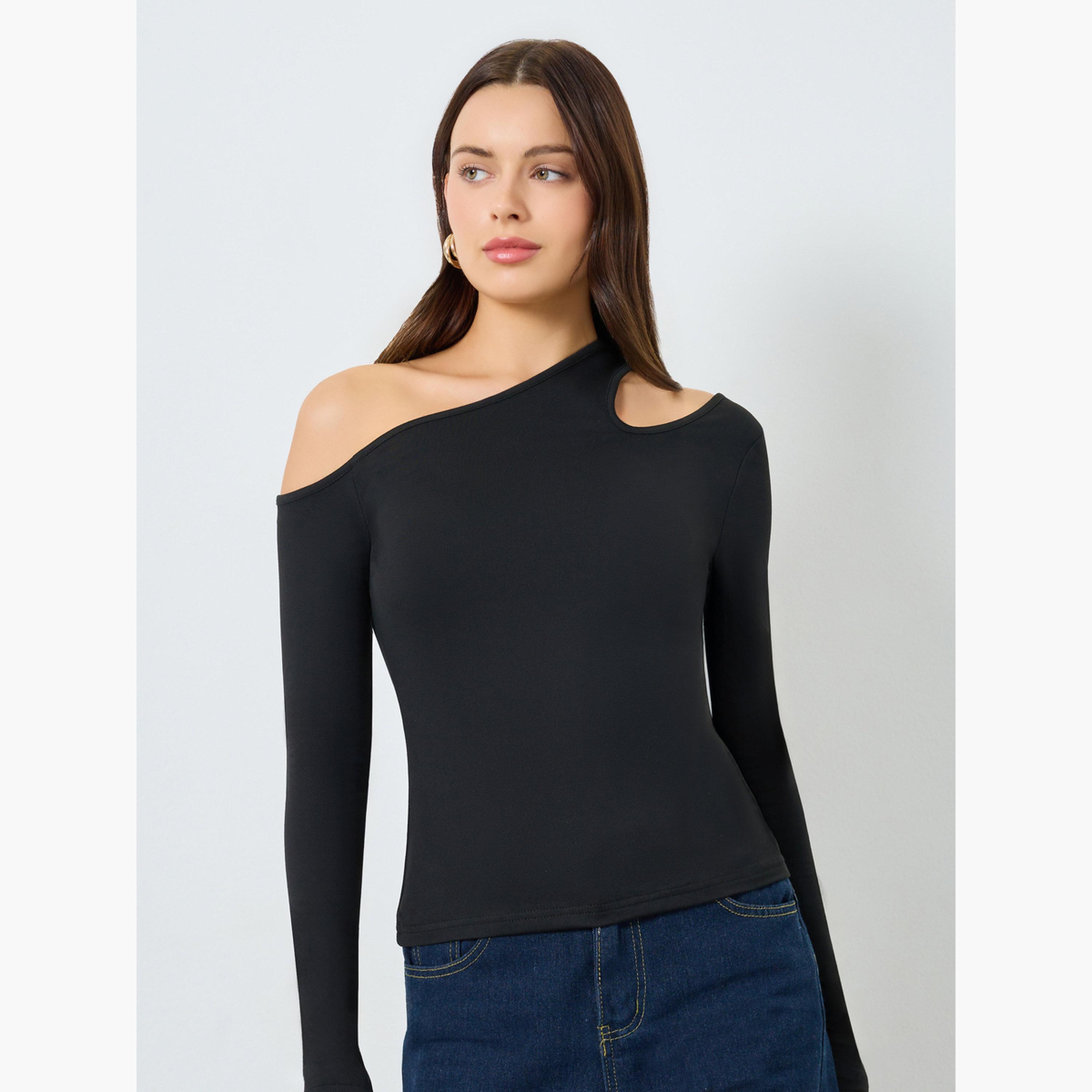 Styli Black Cut Out Detail Long Sleeve T-Shirt-women-clothing-tshirts-image-3