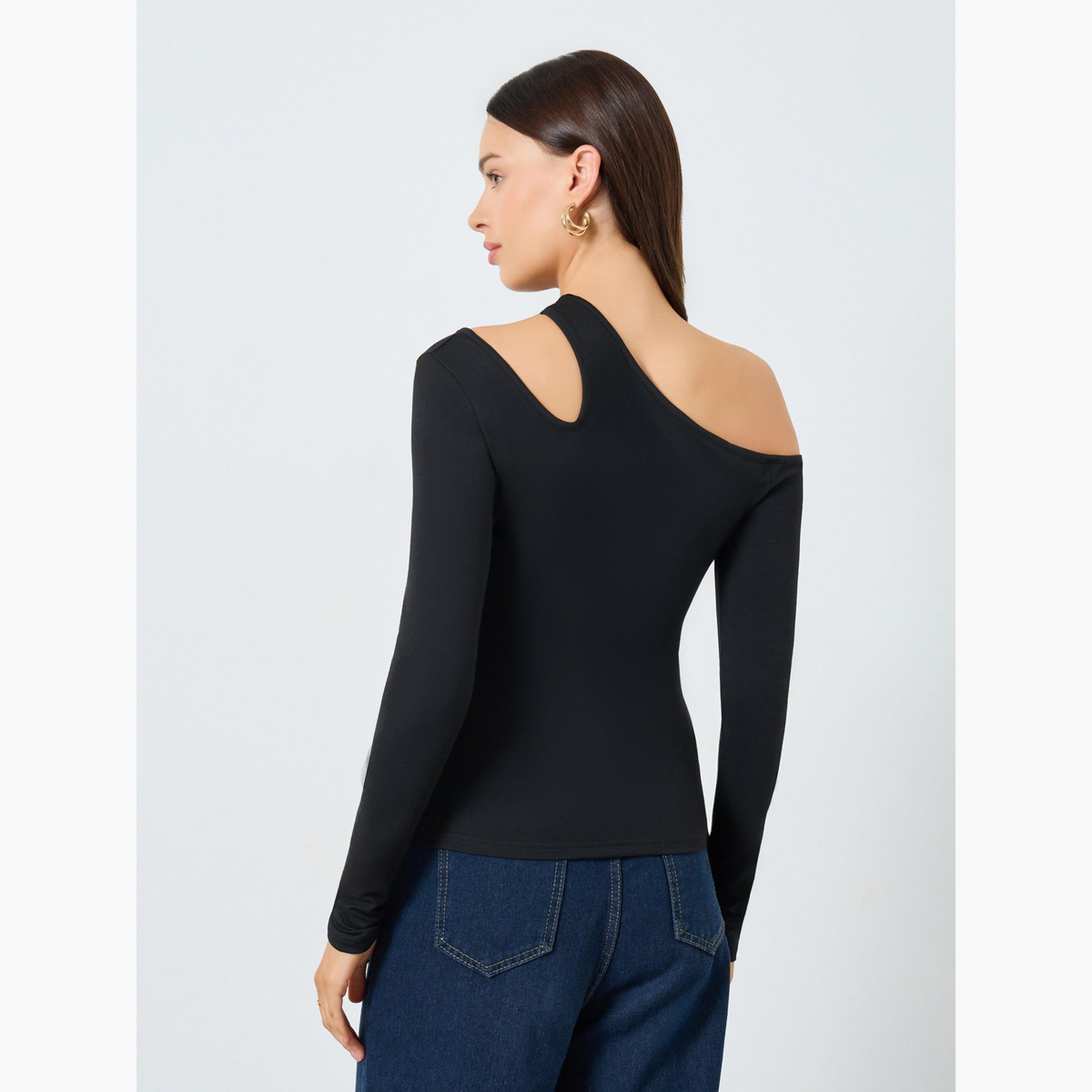 Styli Black Cut Out Detail Long Sleeve T-Shirt-women-clothing-tshirts-image-4