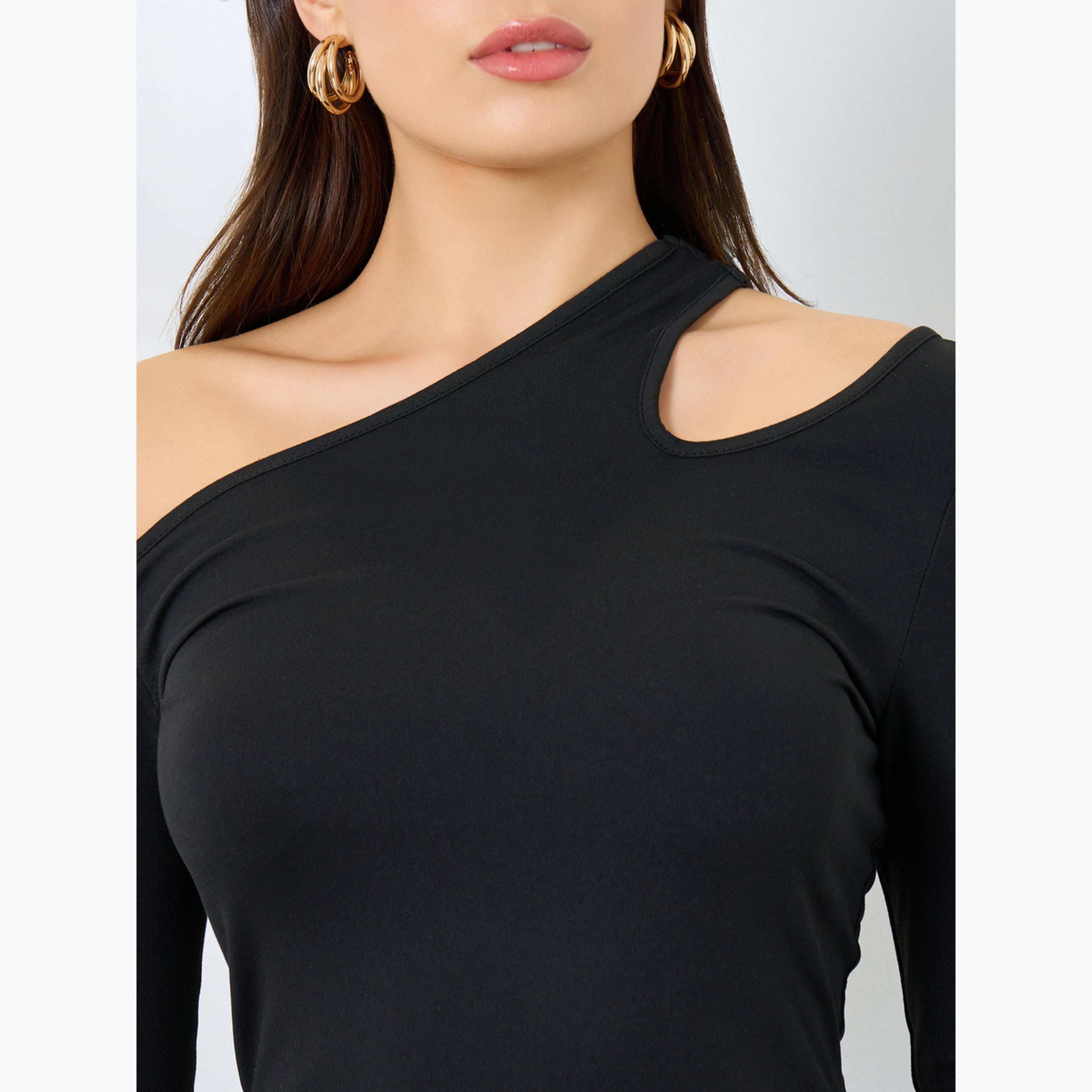 Styli Black Cut Out Detail Long Sleeve T-Shirt-women-clothing-tshirts-image-5
