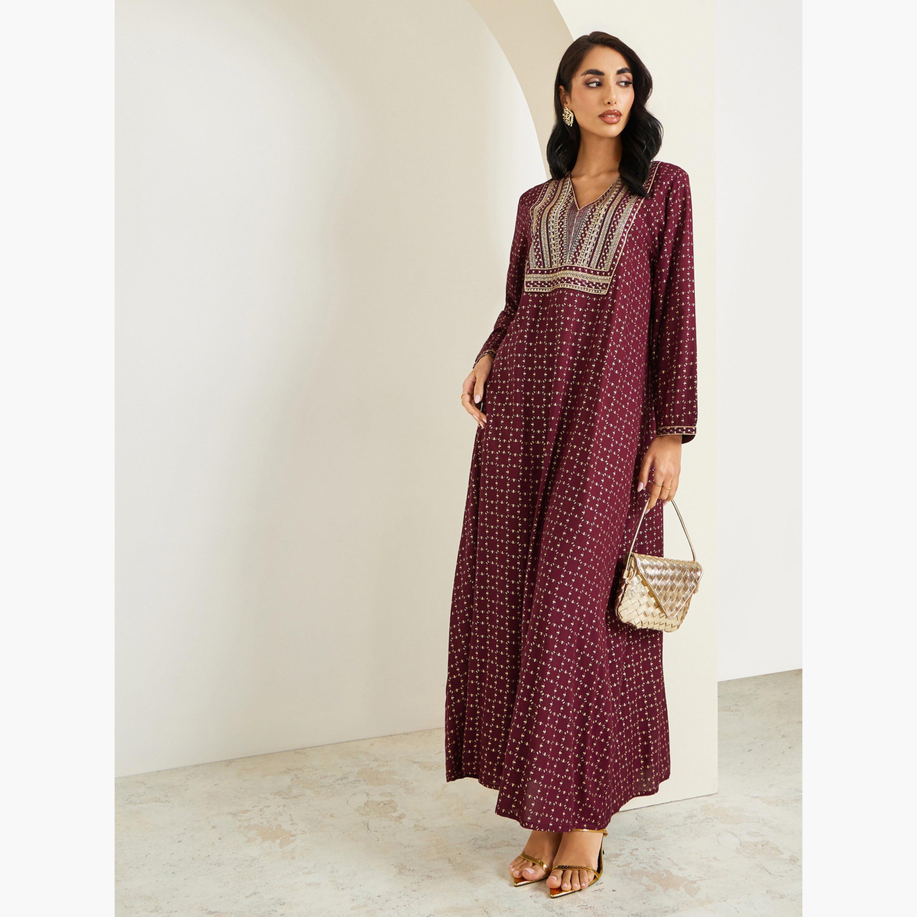 Styli Women Maroon Embroidered Jalabiya-women-arabicclothing-jalabiyas-image-2