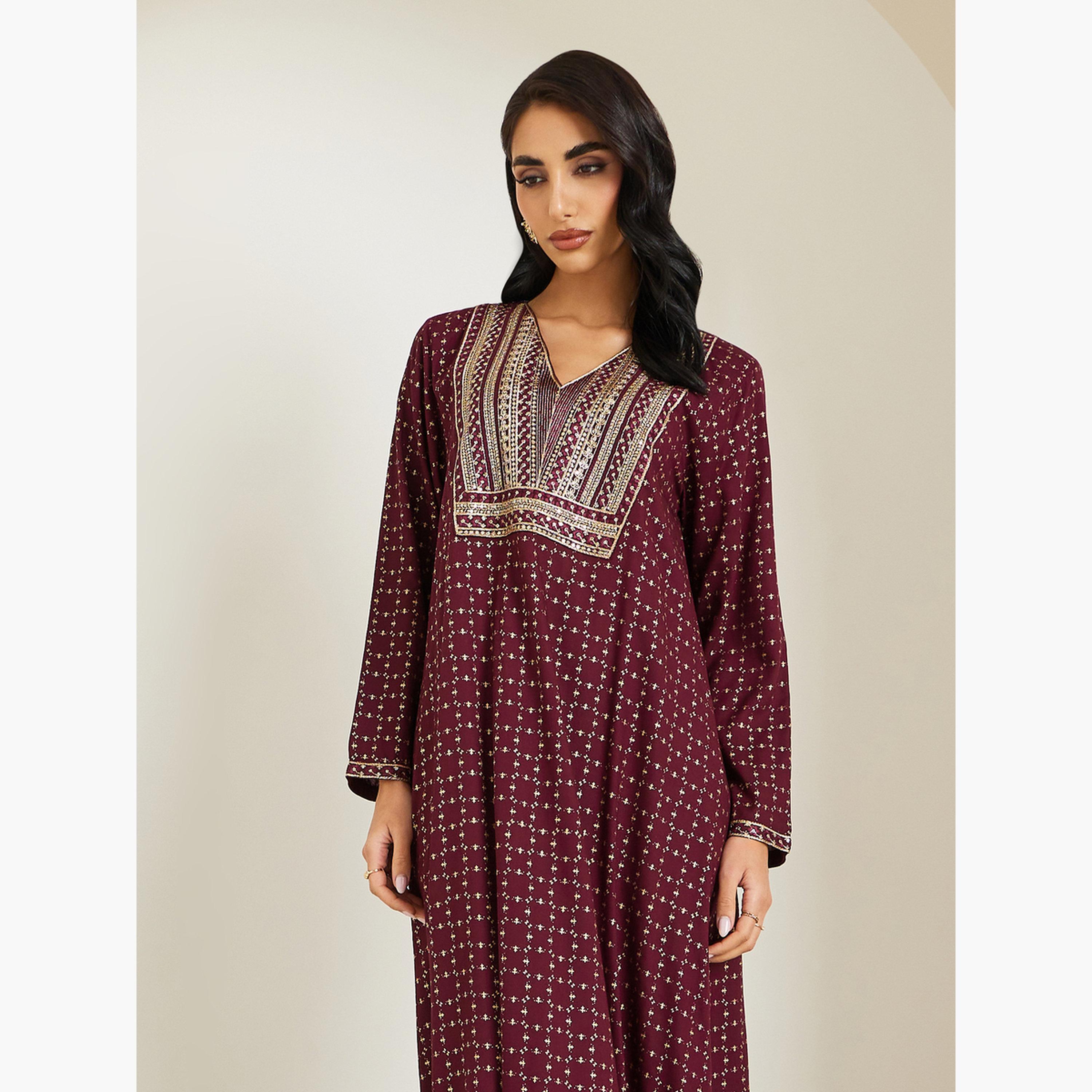 Styli Women Maroon Embroidered Jalabiya-women-arabicclothing-jalabiyas-image-3