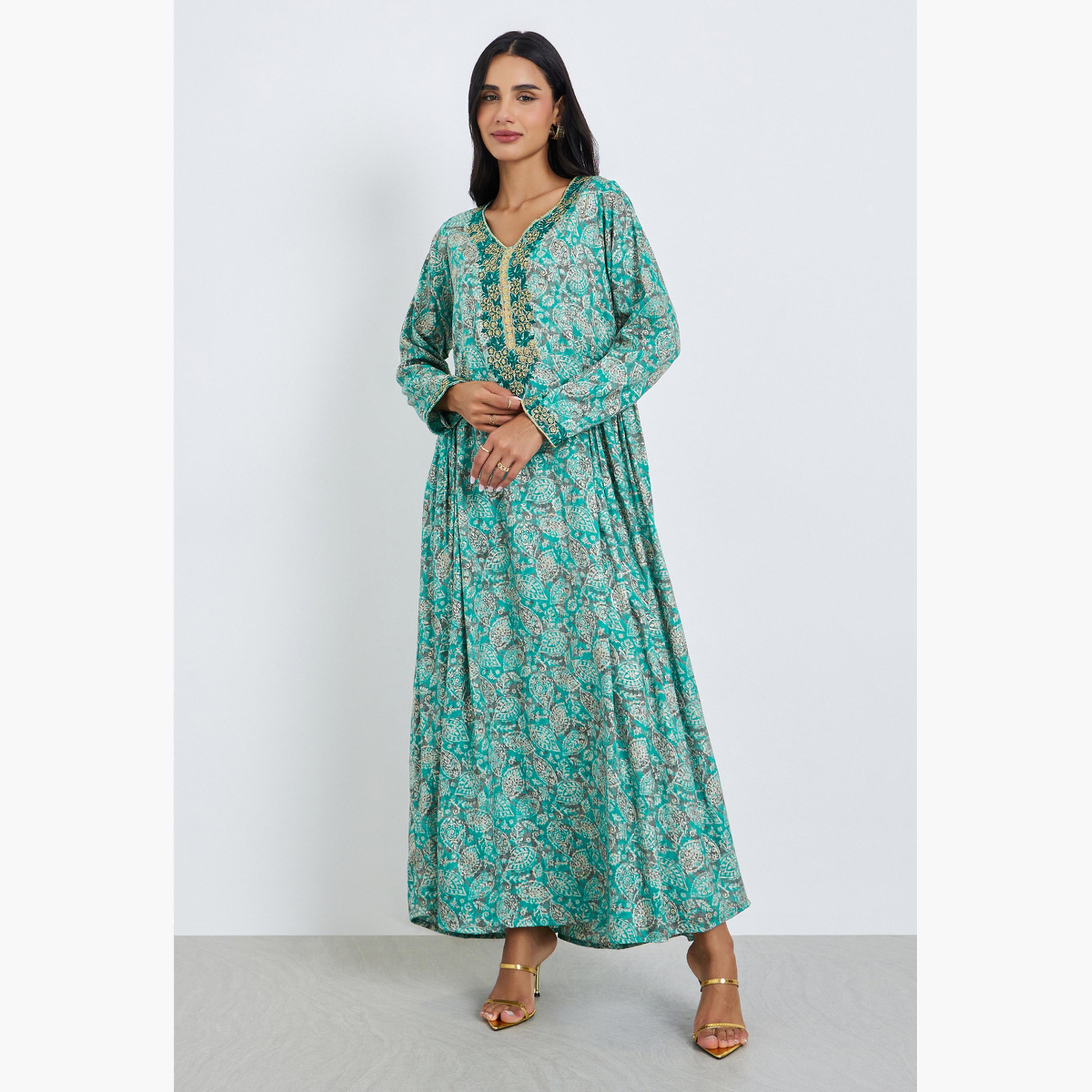 Styli Women Blue Printed Embroidered Jalabiya with Scarf-women-arabicclothing-jalabiyas-image-1