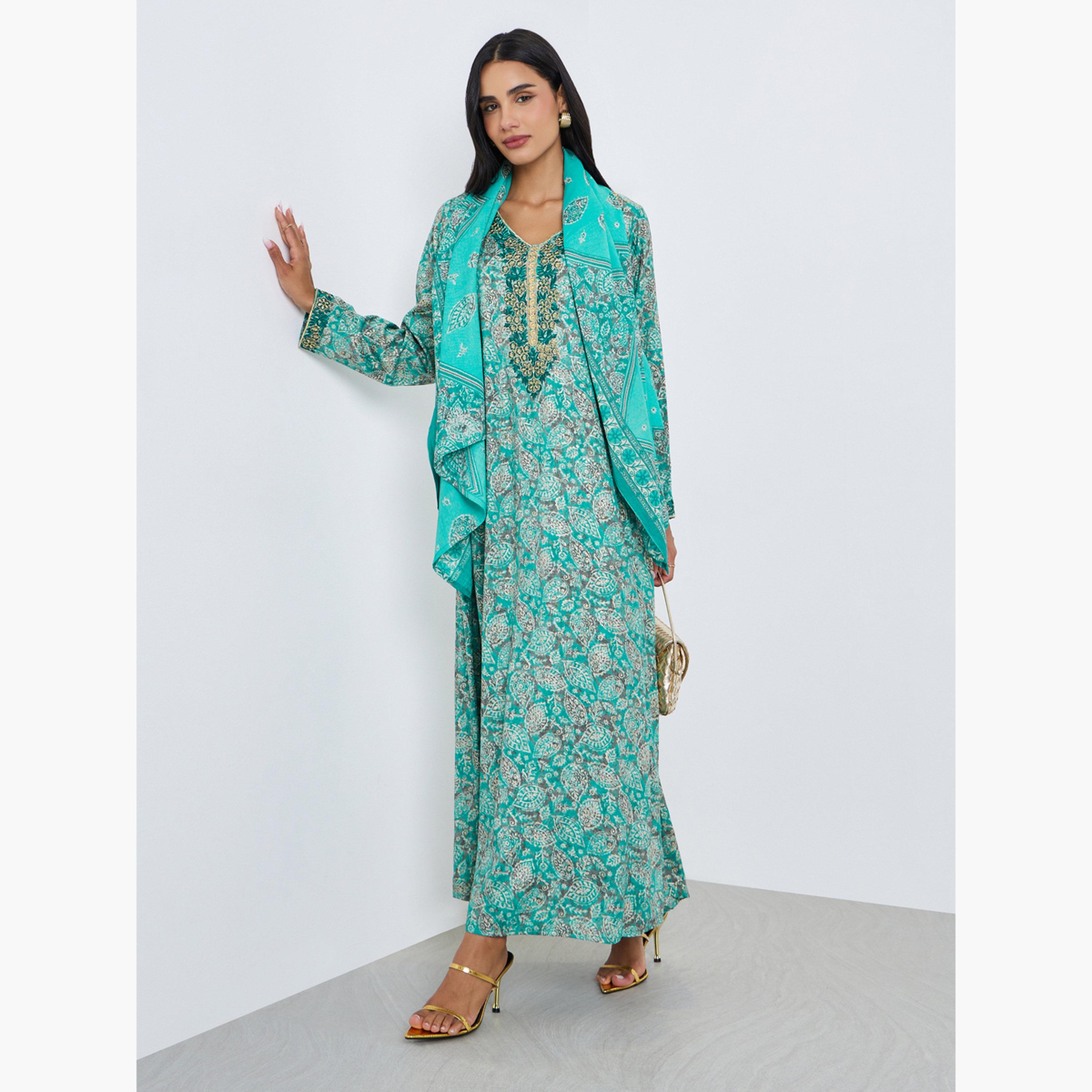 Styli Women Blue Printed Embroidered Jalabiya with Scarf-women-arabicclothing-jalabiyas-image-2
