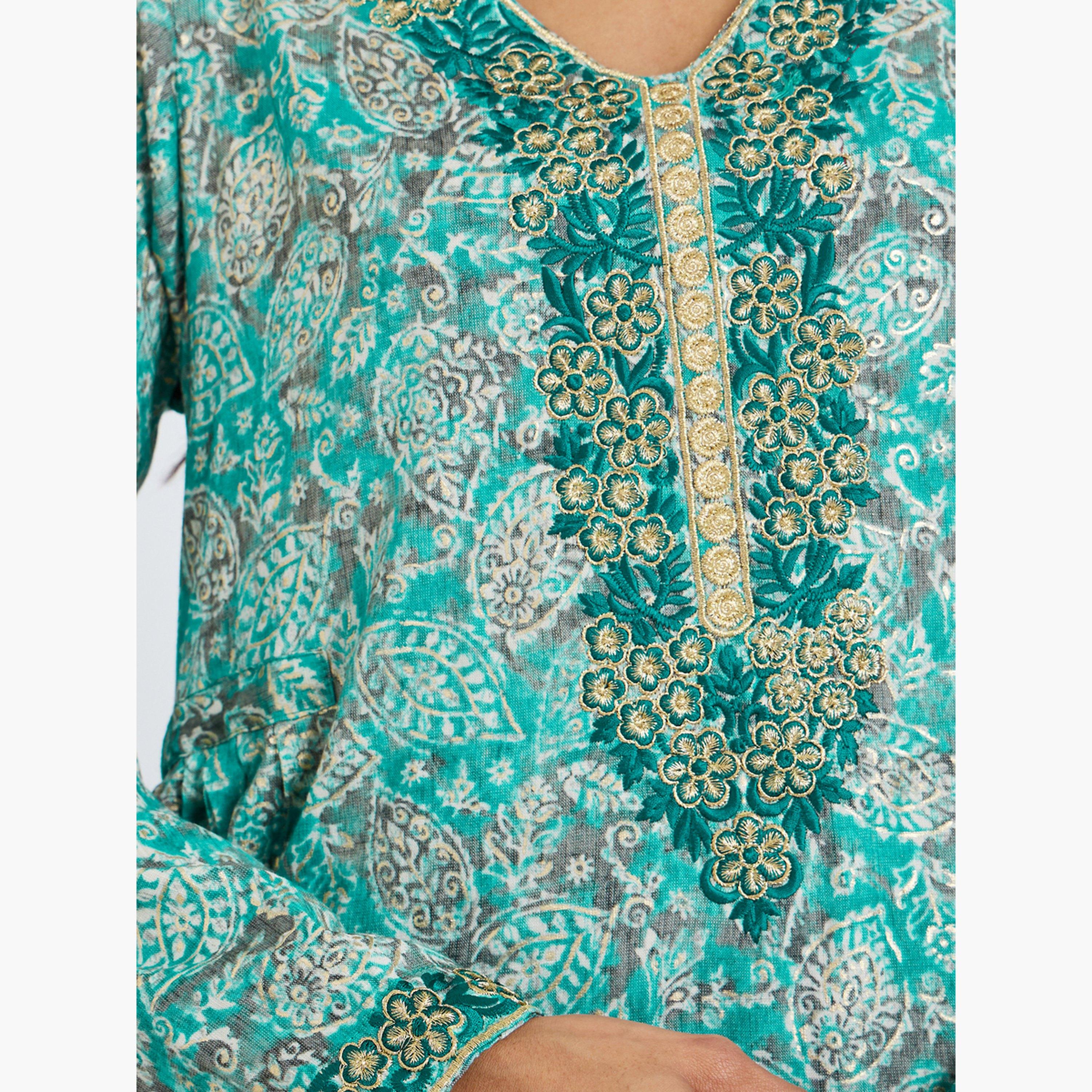 Styli Women Blue Printed Embroidered Jalabiya with Scarf-women-arabicclothing-jalabiyas-image-4