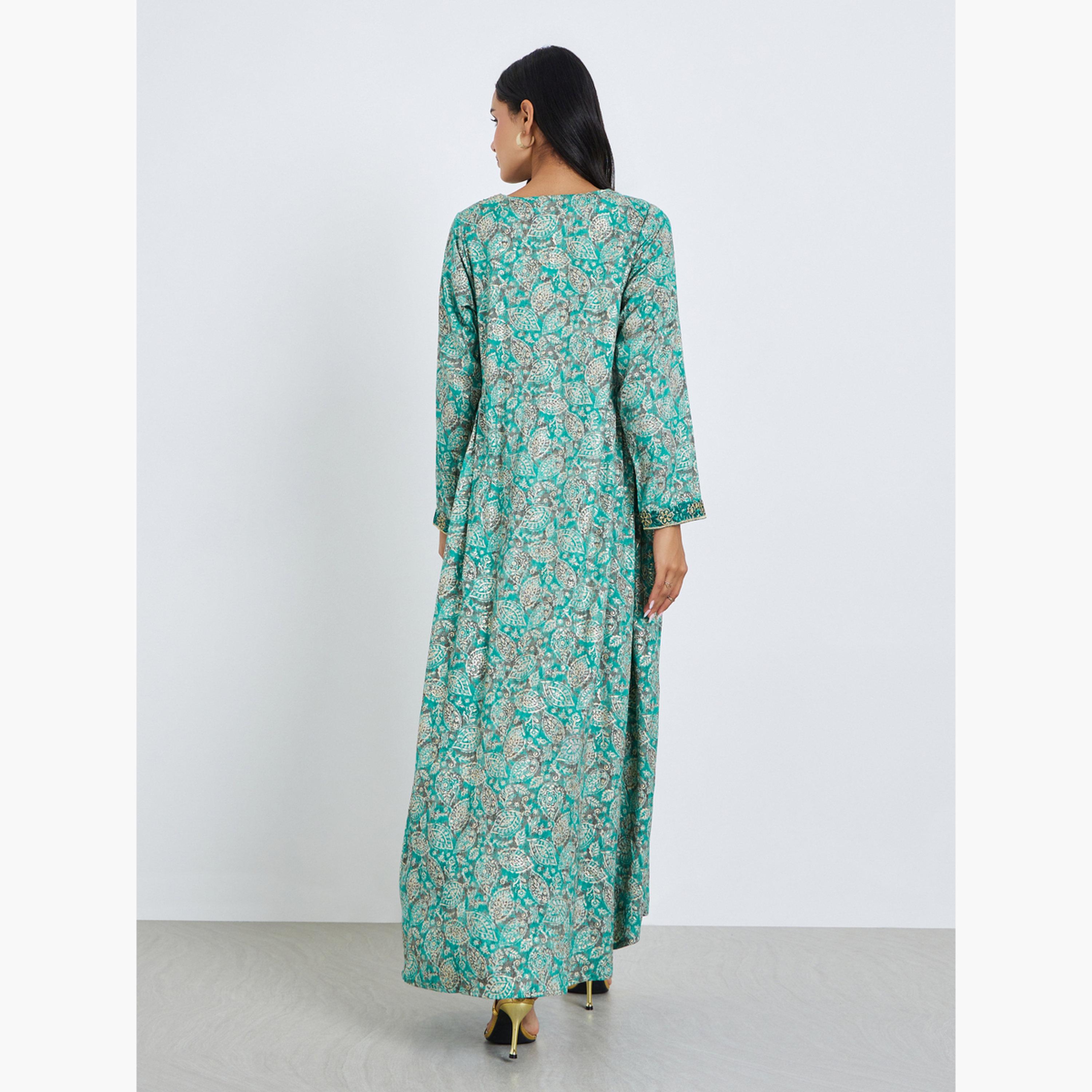 Styli Women Blue Printed Embroidered Jalabiya with Scarf-women-arabicclothing-jalabiyas-image-5
