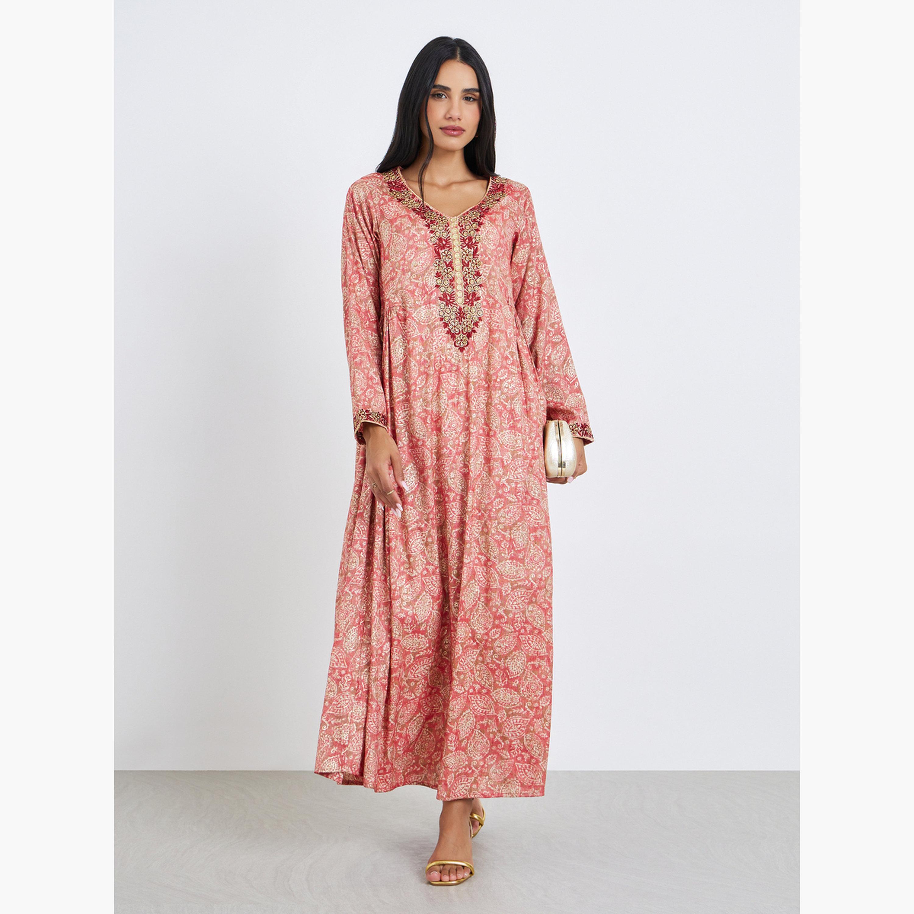 Styli Women Pink Printed Embroidered Jalabiya with Scarf-women-arabicclothing-jalabiyas-image-1