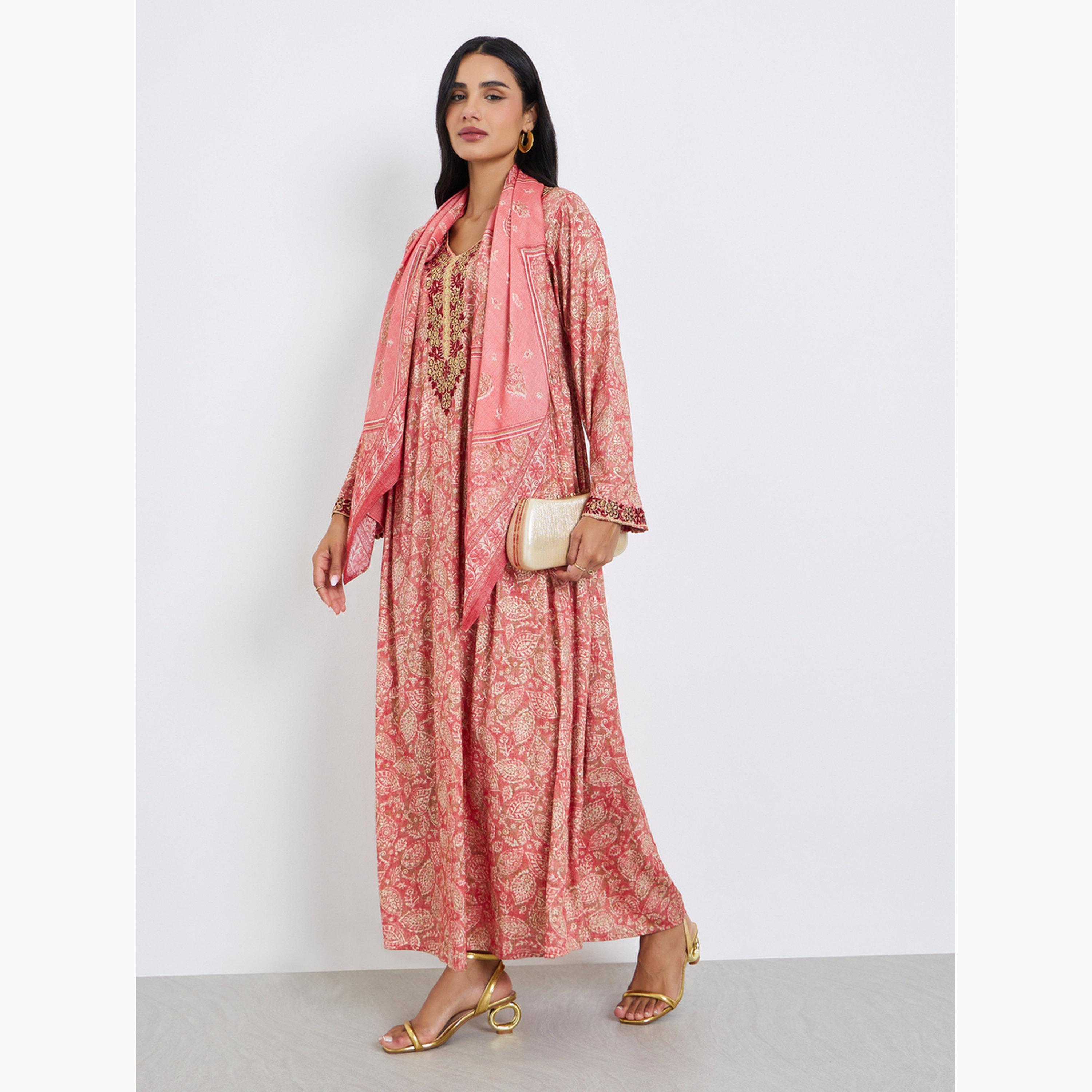 جلابية مطرزة ومطبوعة مع وشاح-women-arabicclothing-jalabiyas-image-2