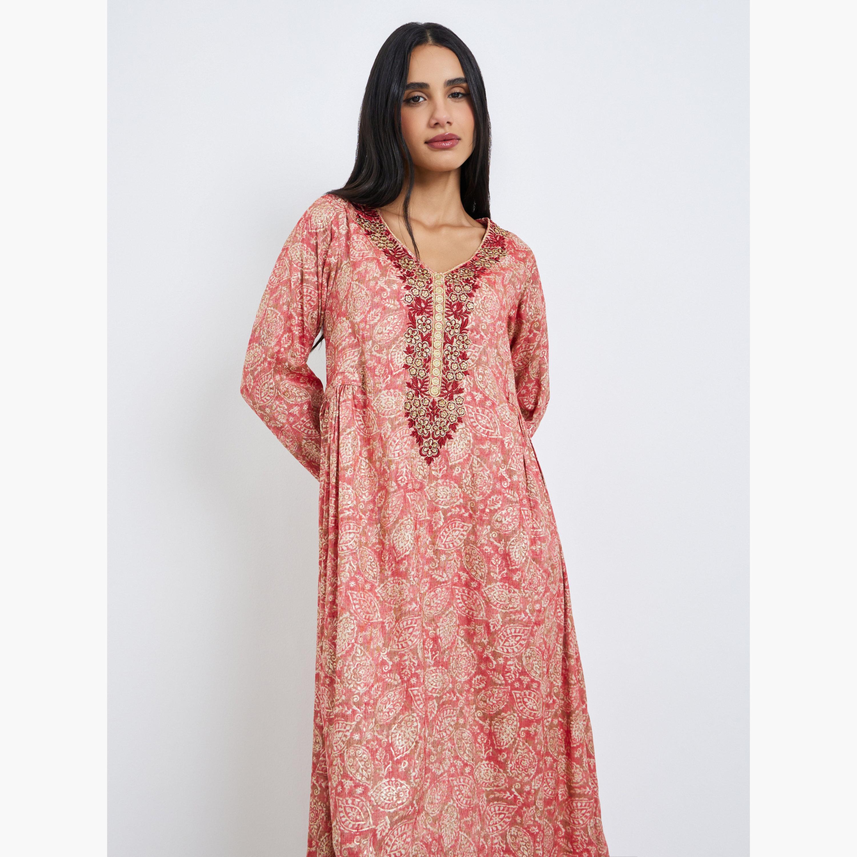 Styli Women Pink Printed Embroidered Jalabiya with Scarf-women-arabicclothing-jalabiyas-image-3
