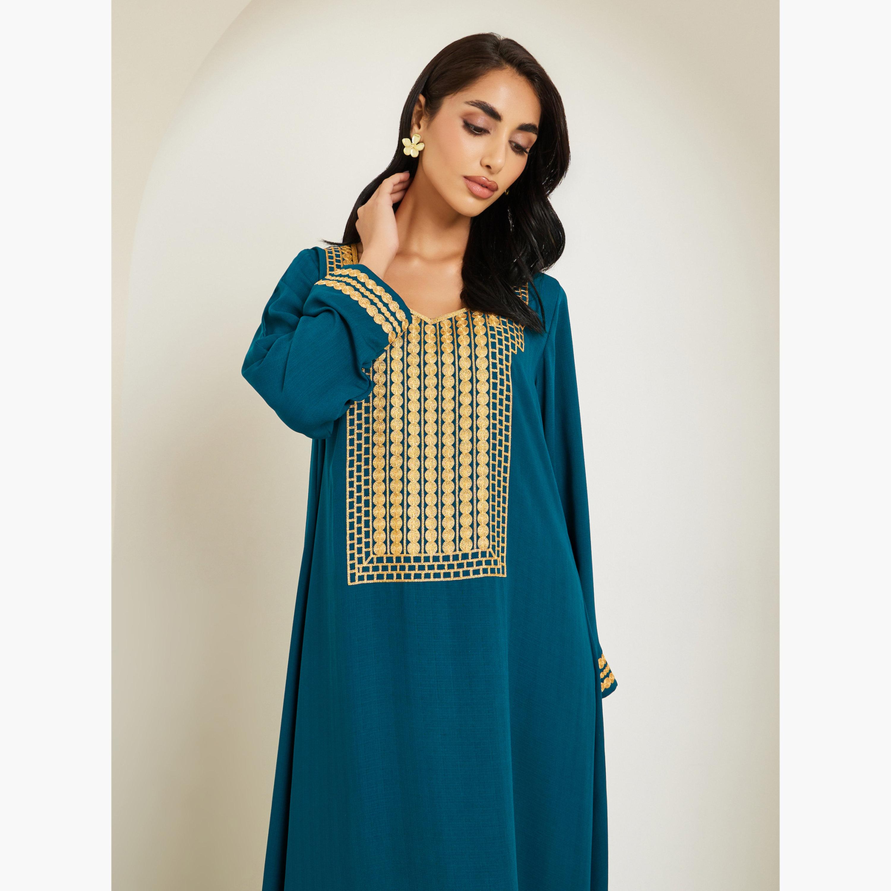 Styli Women Blue Embroidered A-Line Jalabiya-women-arabicclothing-jalabiyas-image-2