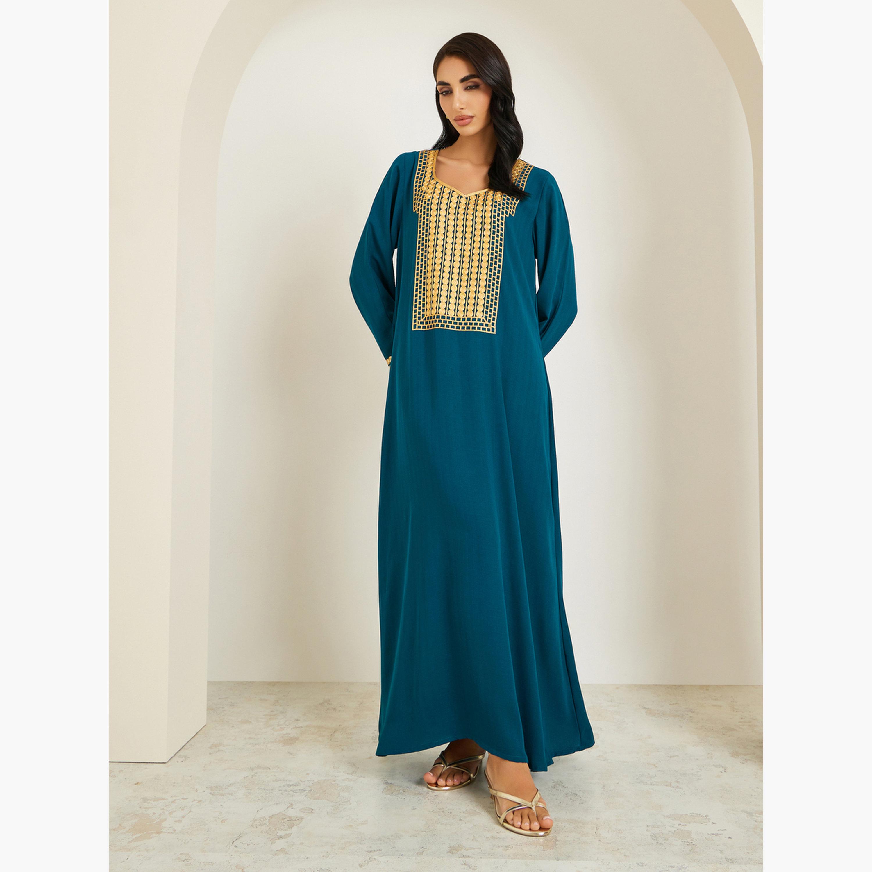 Styli Women Blue Embroidered A-Line Jalabiya-women-arabicclothing-jalabiyas-image-3