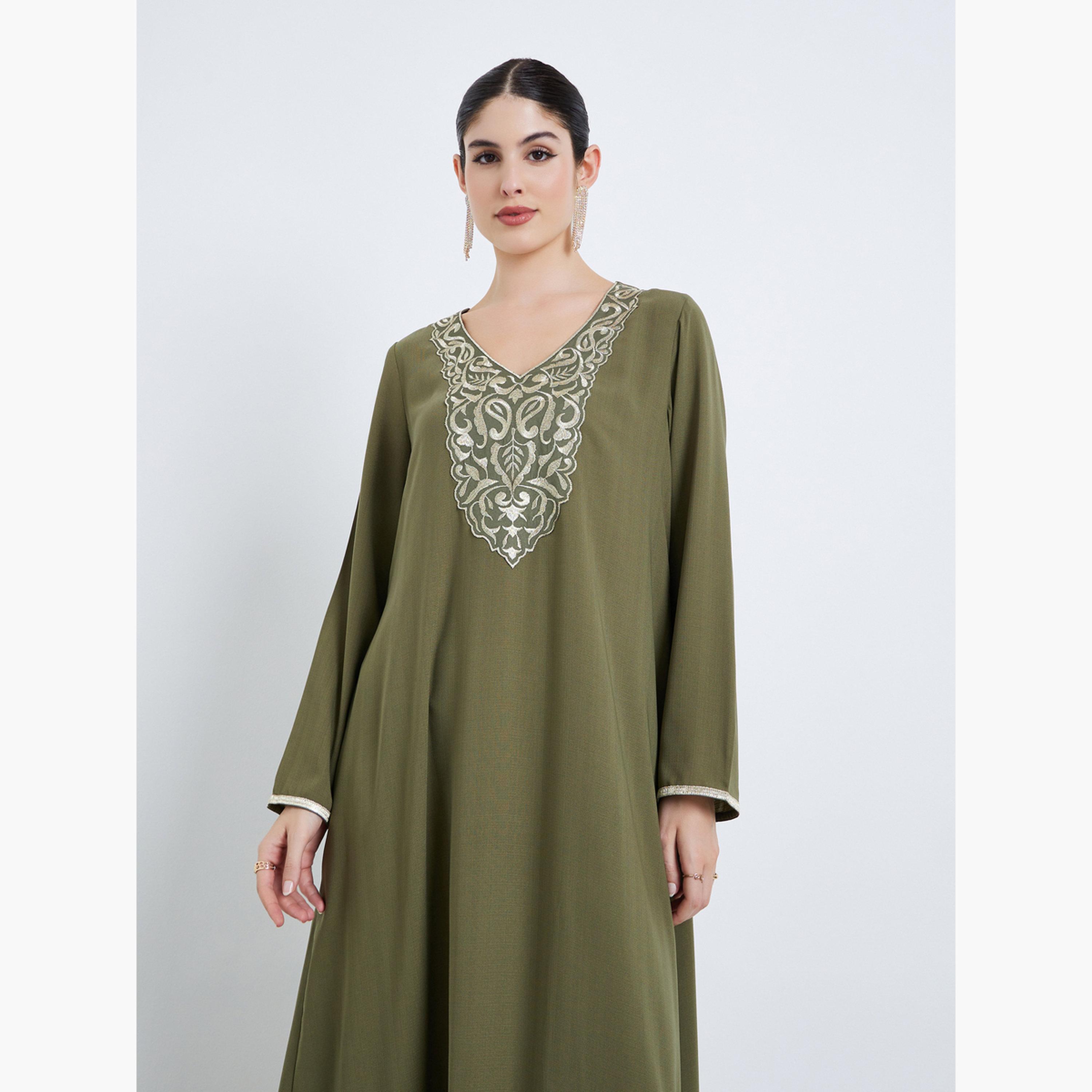 Styli Women Olive Green Embroidered Jalabiya-women-arabicclothing-jalabiyas-image-2