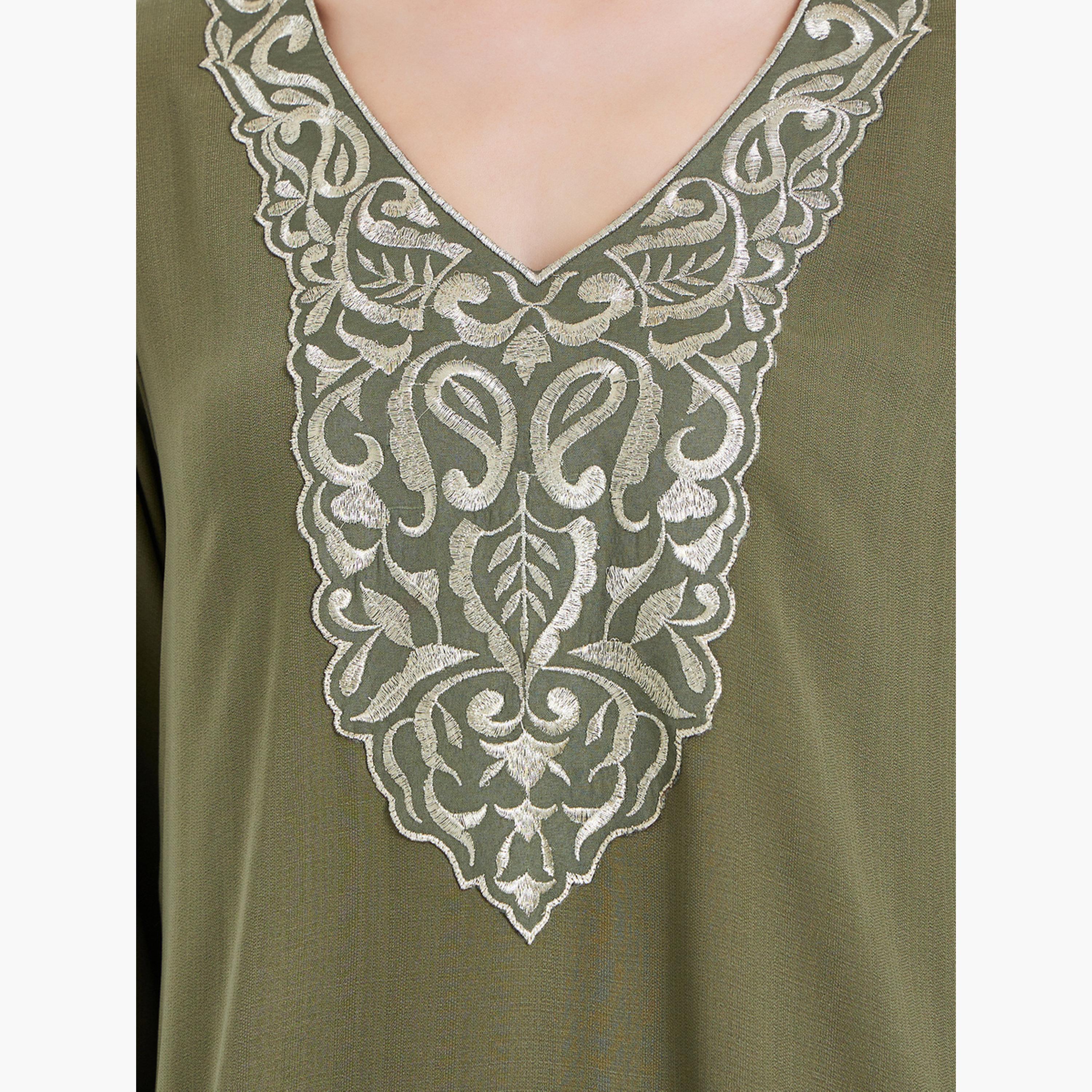 Styli Women Olive Green Embroidered Jalabiya-women-arabicclothing-jalabiyas-image-4