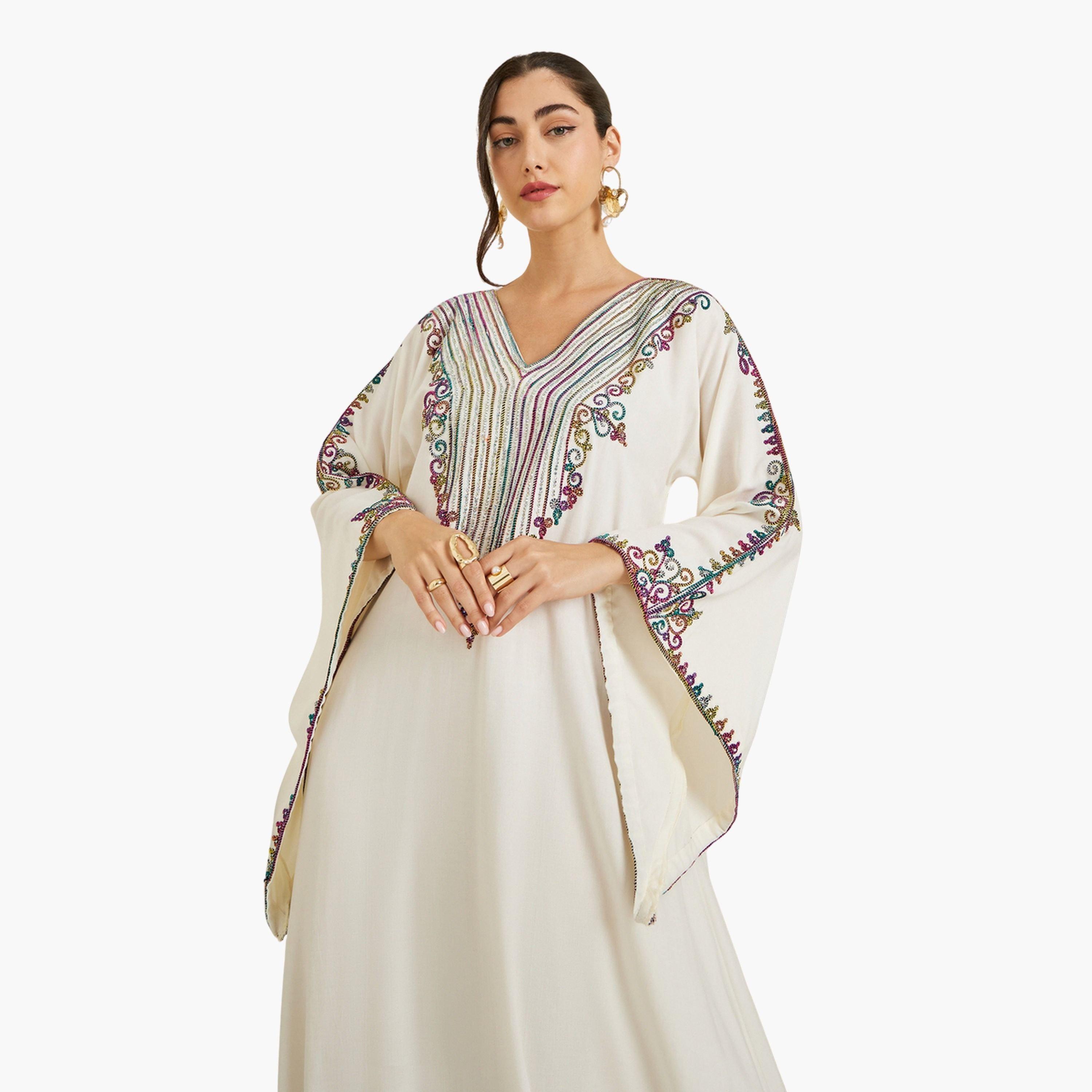 Styli Women Cream Embroidered A-Line Jalabiya-women-arabicclothing-jalabiyas-image-2